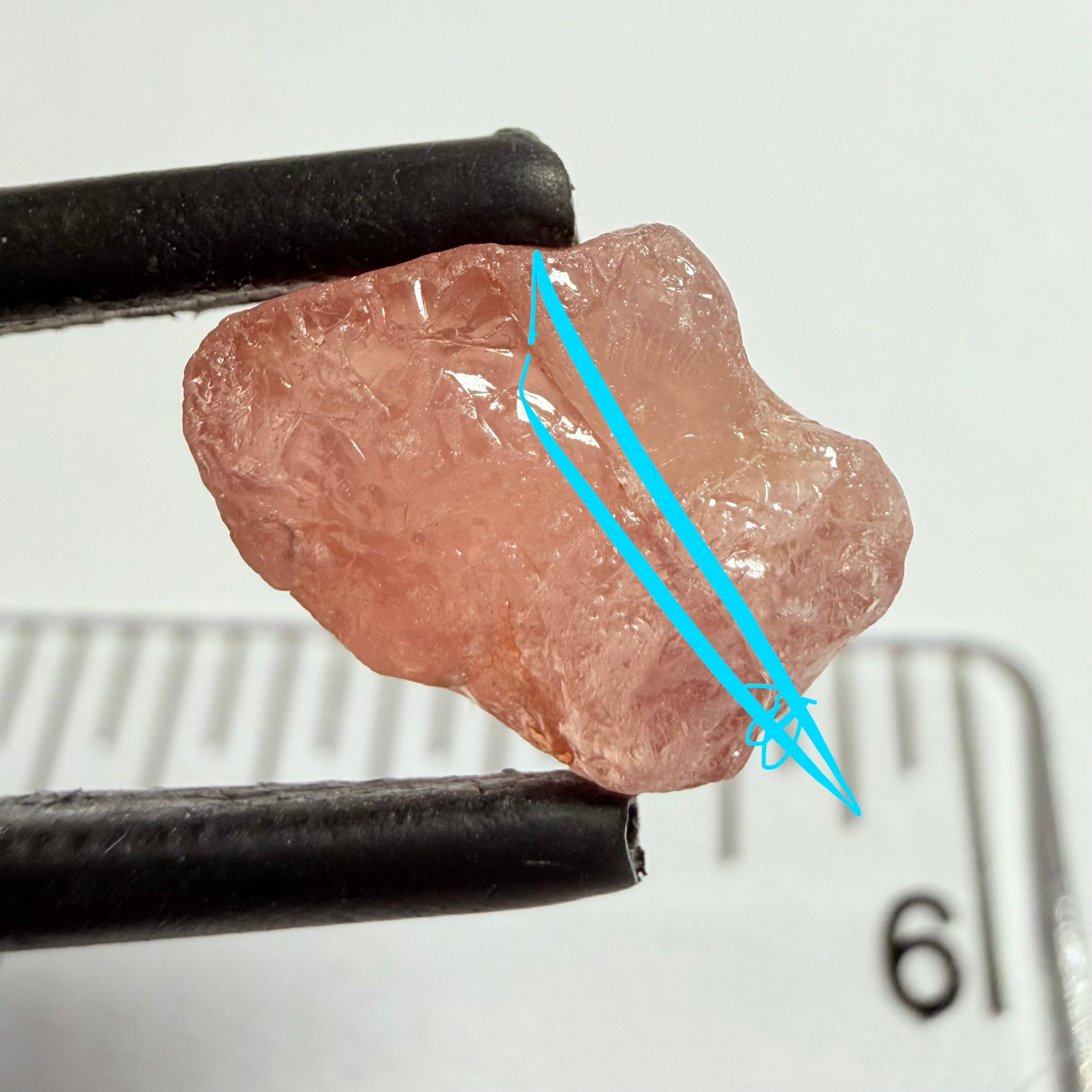 Umba Padparadscha Sapphire, 4.21ct, Umba Valley, Tanzania, Untreated Unheated, on the skin, going around 1mm in there is a crack that will come off on preform, rest vvs with a little bit of silk, see pics for crack markings