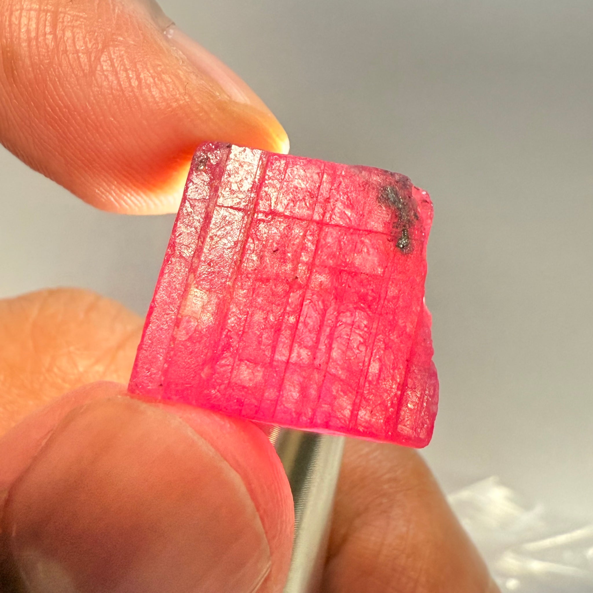 Ruby Crystal, Untreated Unheated, Tanzania, cleavage plane, formed like this, a dab of oil will remove the white dryness on the skin, Translucent, 40.19ct