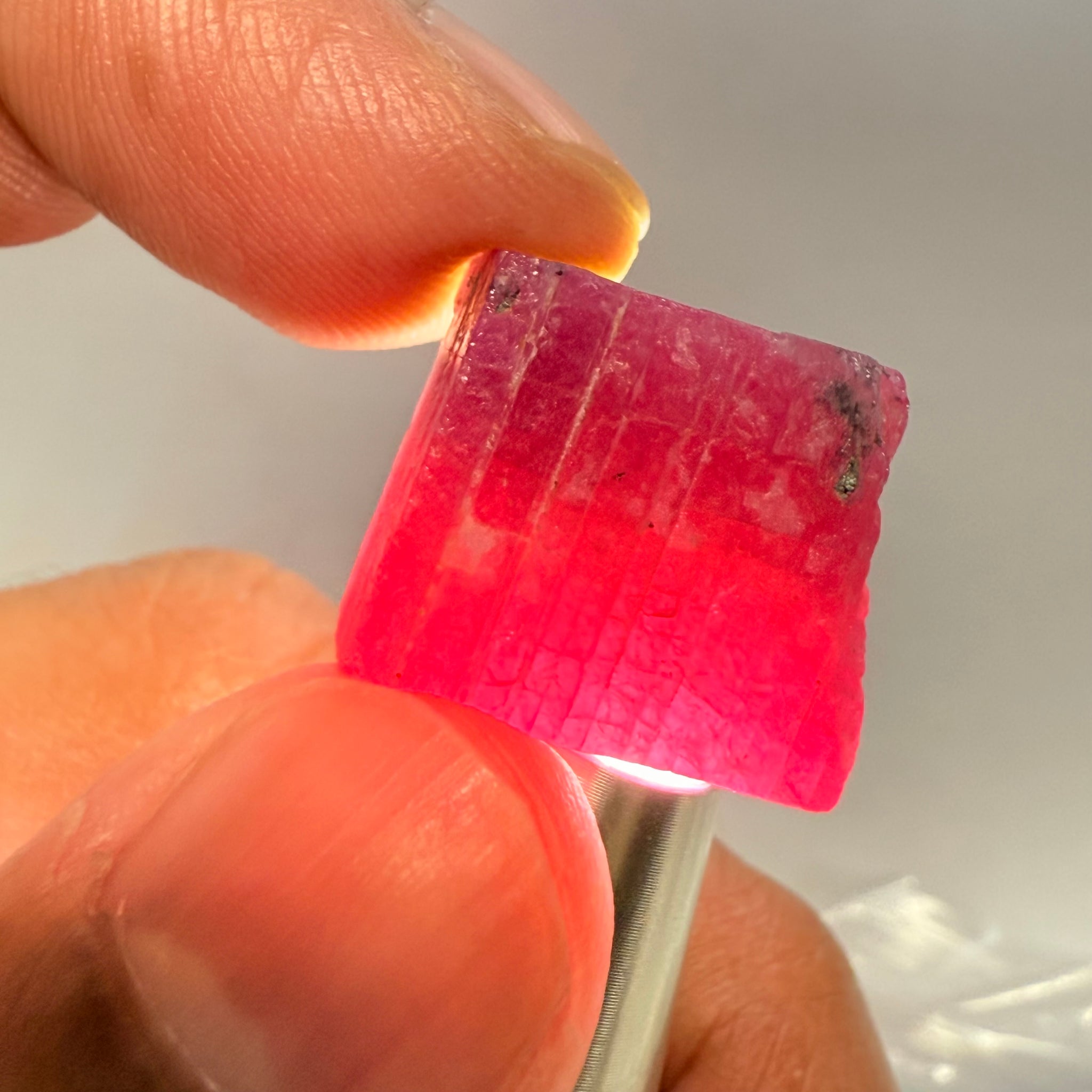Ruby Crystal, Untreated Unheated, Tanzania, cleavage plane, formed like this, a dab of oil will remove the white dryness on the skin, Translucent, 40.19ct