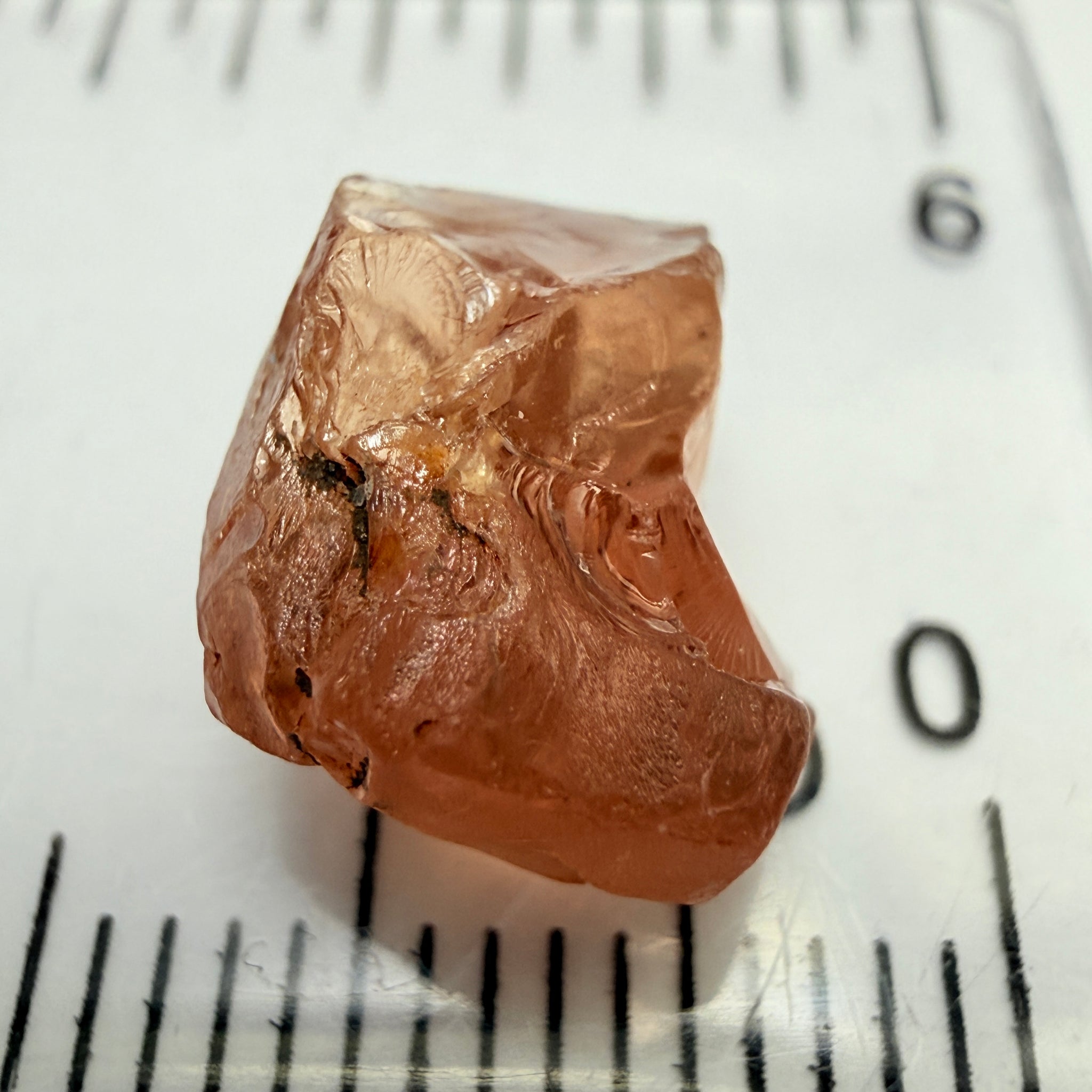Peach Malaya Garnet, 5.97ct, vvs-if with slight crack on skin, challenging shape, Unheated Untreated, Umba Valley Tanzania