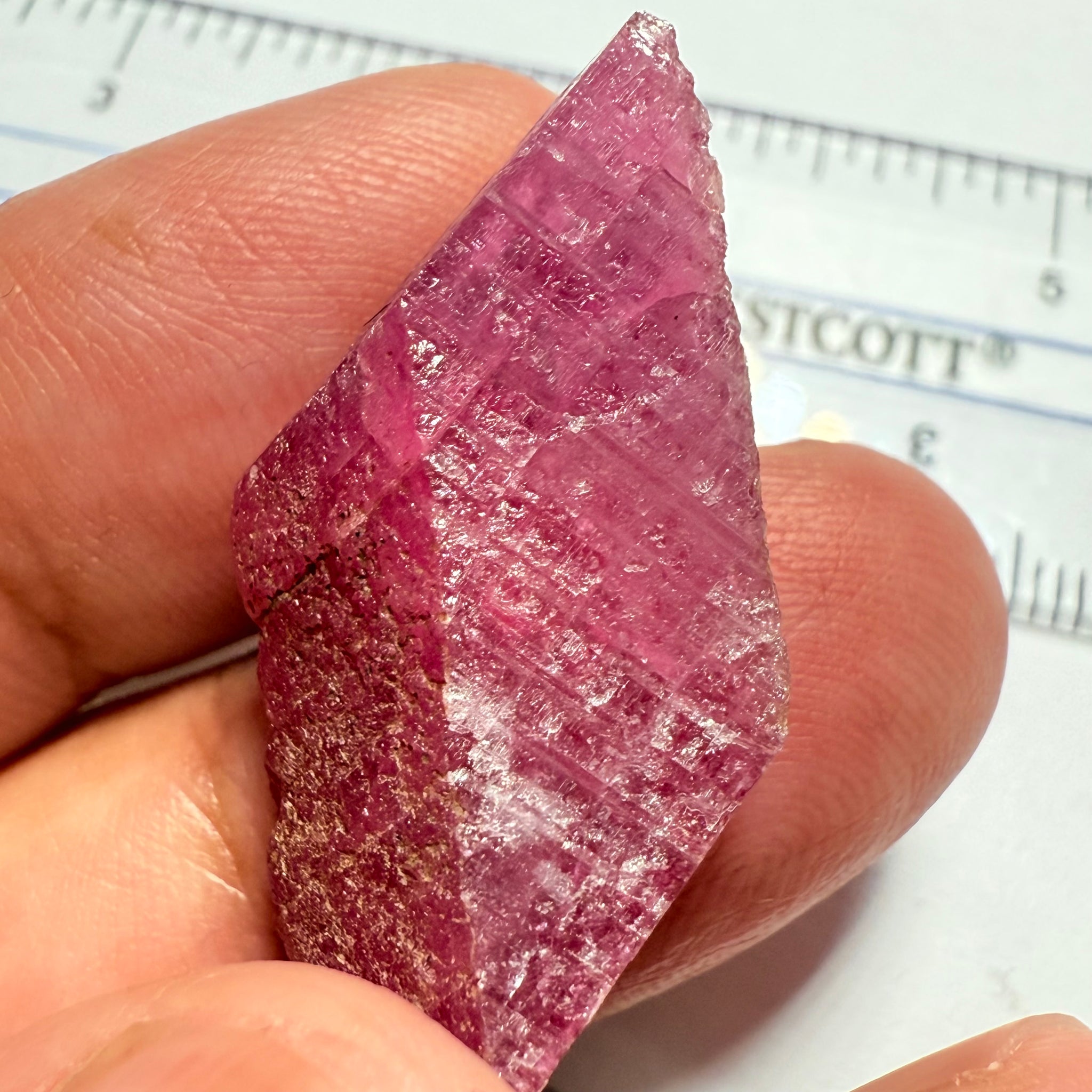 Ruby Crystal, Untreated Unheated, Tanzania, cleavage plane, formed like this, a dab of oil will remove the white dryness on the skin, Translucent, 32.68ct