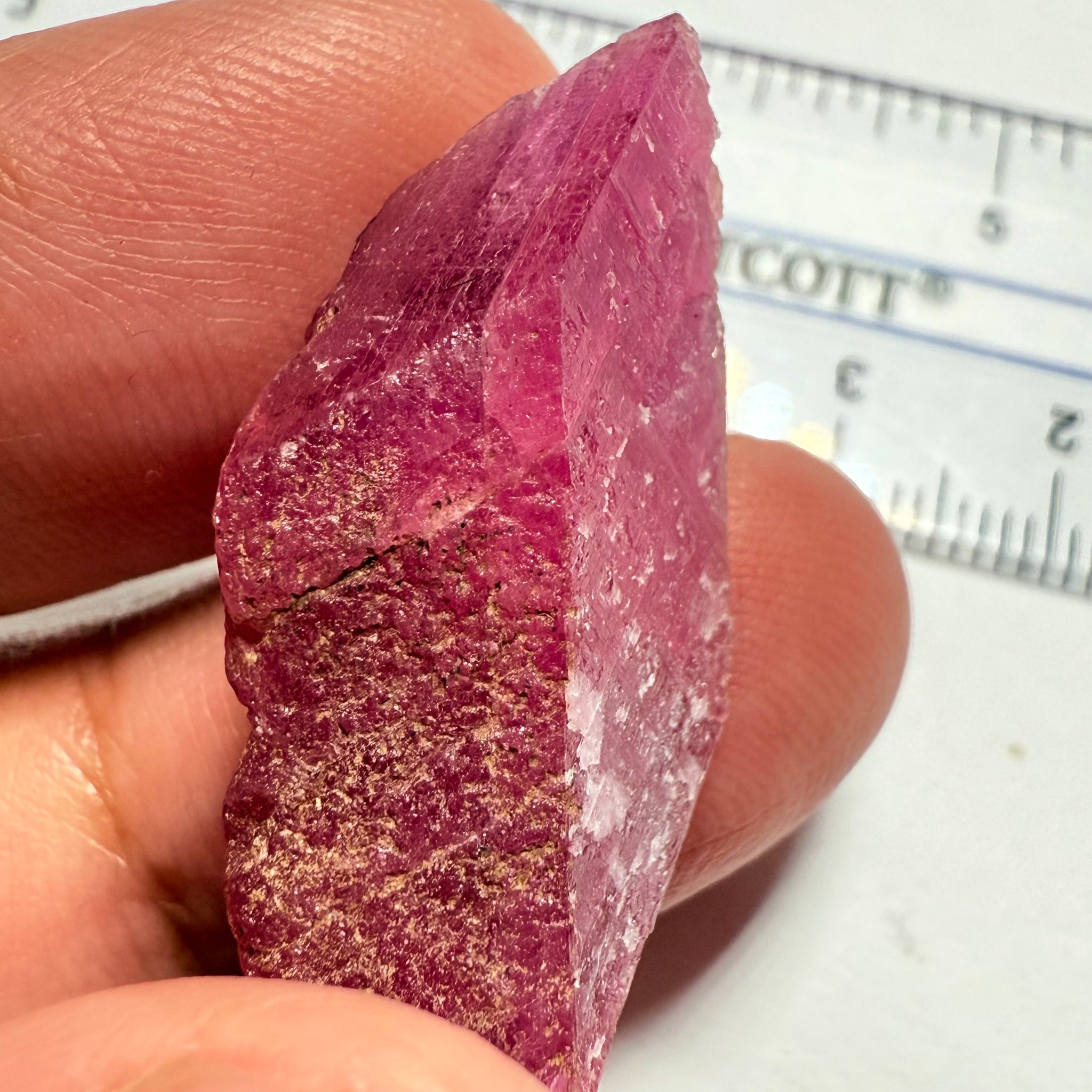 Ruby Crystal, Untreated Unheated, Tanzania, cleavage plane, formed like this, a dab of oil will remove the white dryness on the skin, Translucent, 32.68ct