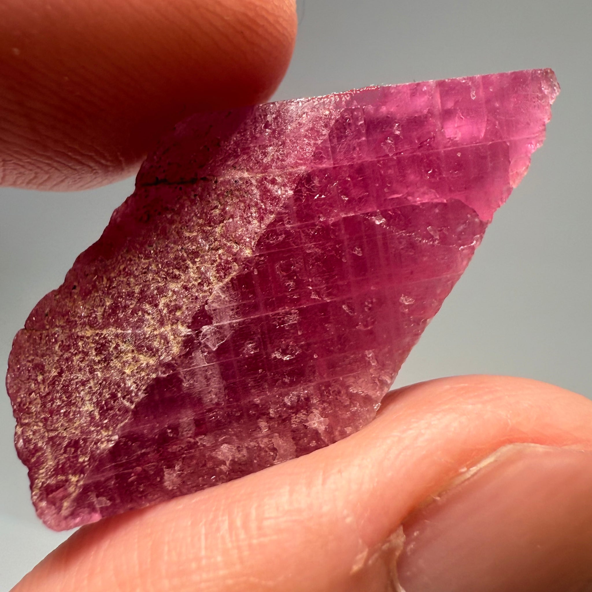 Ruby Crystal, Untreated Unheated, Tanzania, cleavage plane, formed like this, a dab of oil will remove the white dryness on the skin, Translucent, 32.68ct