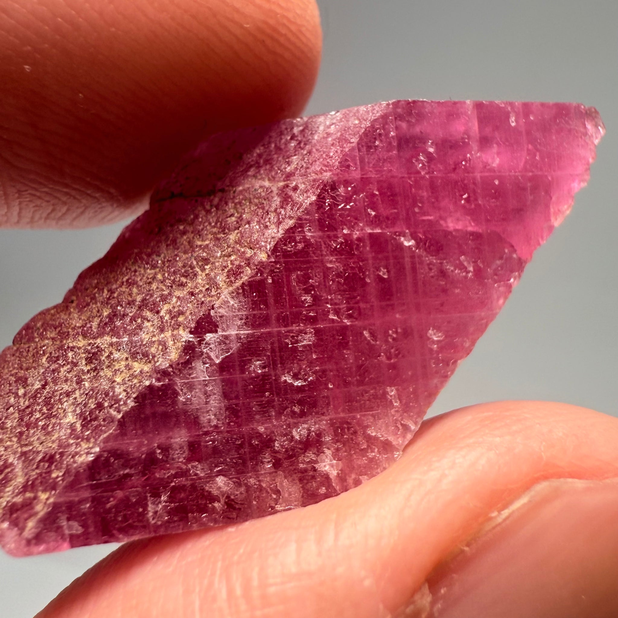 Ruby Crystal, Untreated Unheated, Tanzania, cleavage plane, formed like this, a dab of oil will remove the white dryness on the skin, Translucent, 32.68ct