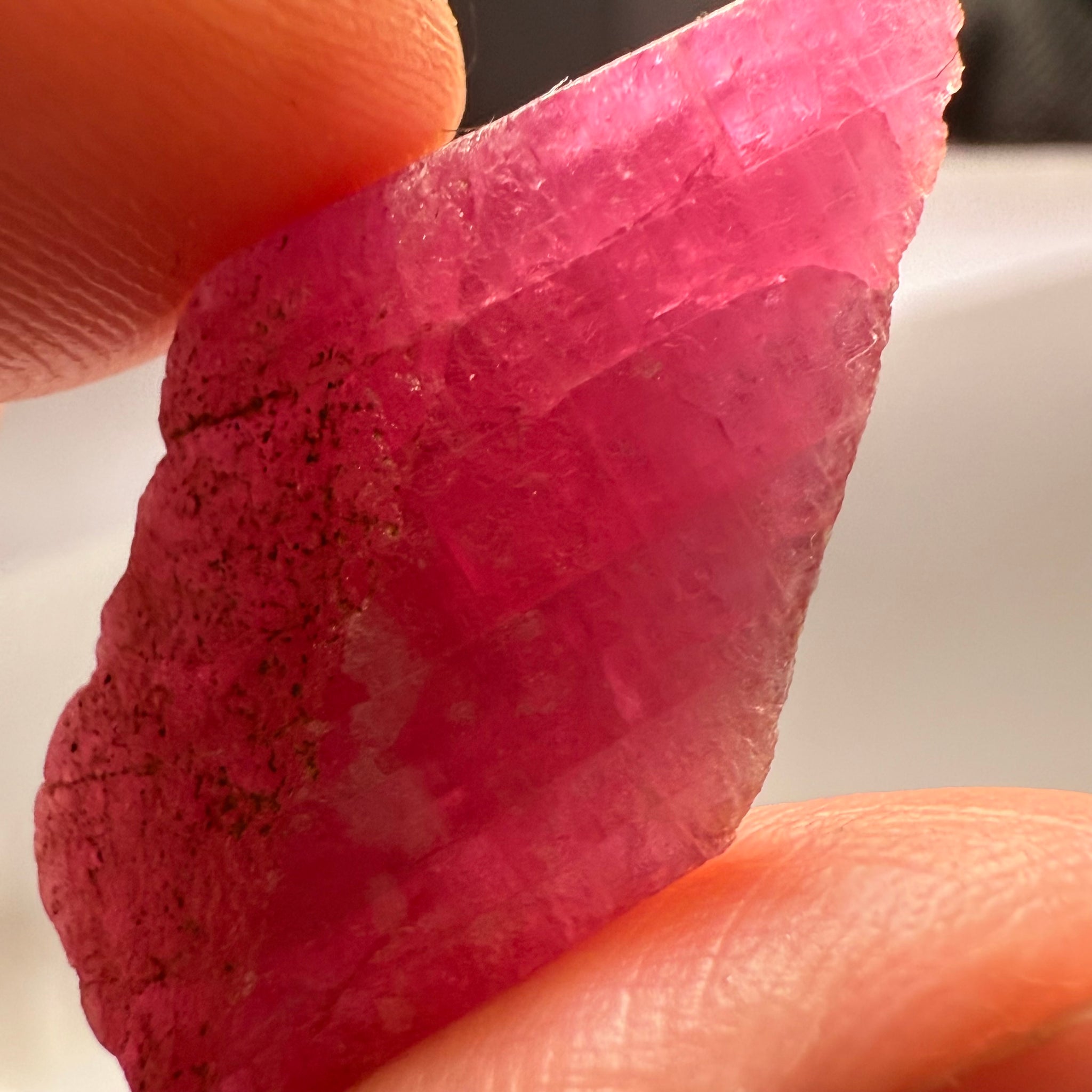 Ruby Crystal, Untreated Unheated, Tanzania, cleavage plane, formed like this, a dab of oil will remove the white dryness on the skin, Translucent, 32.68ct