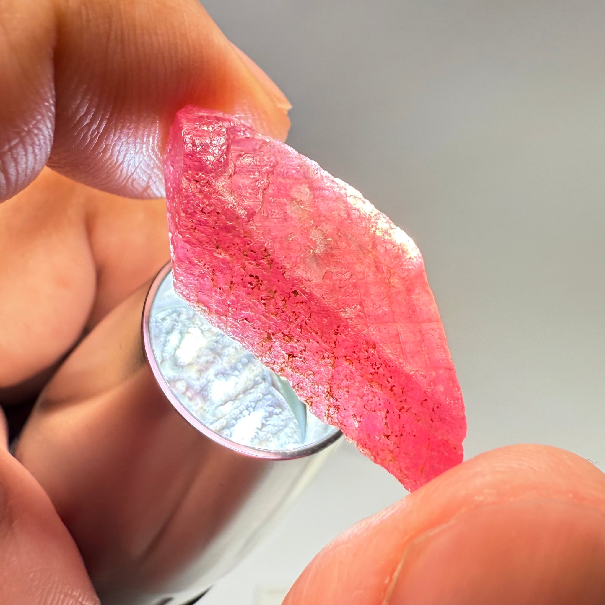 Ruby Crystal, Untreated Unheated, Tanzania, cleavage plane, formed like this, a dab of oil will remove the white dryness on the skin, Translucent, 21.93ct