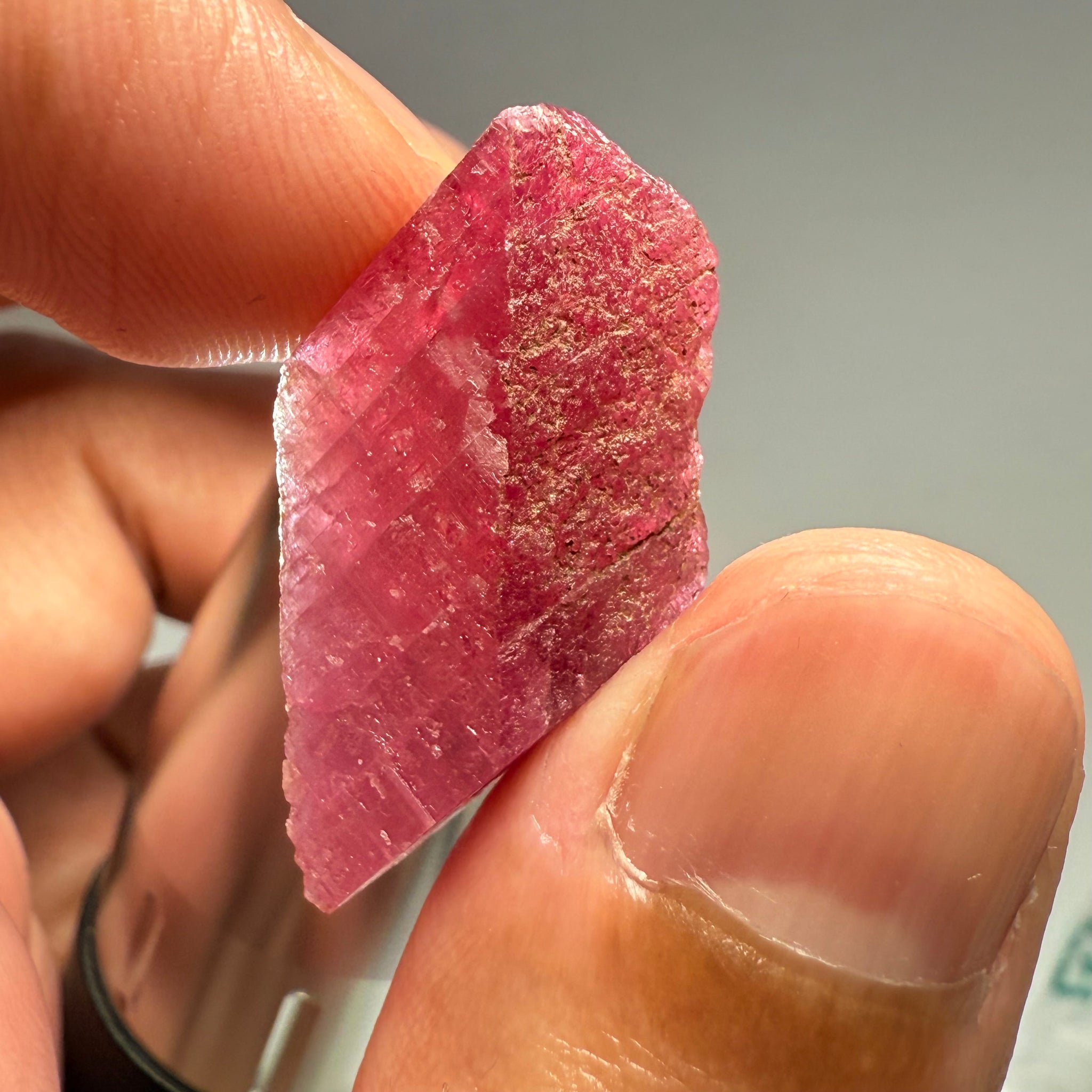 Ruby Crystal, Untreated Unheated, Tanzania, cleavage plane, formed like this, a dab of oil will remove the white dryness on the skin, Translucent, 32.68ct