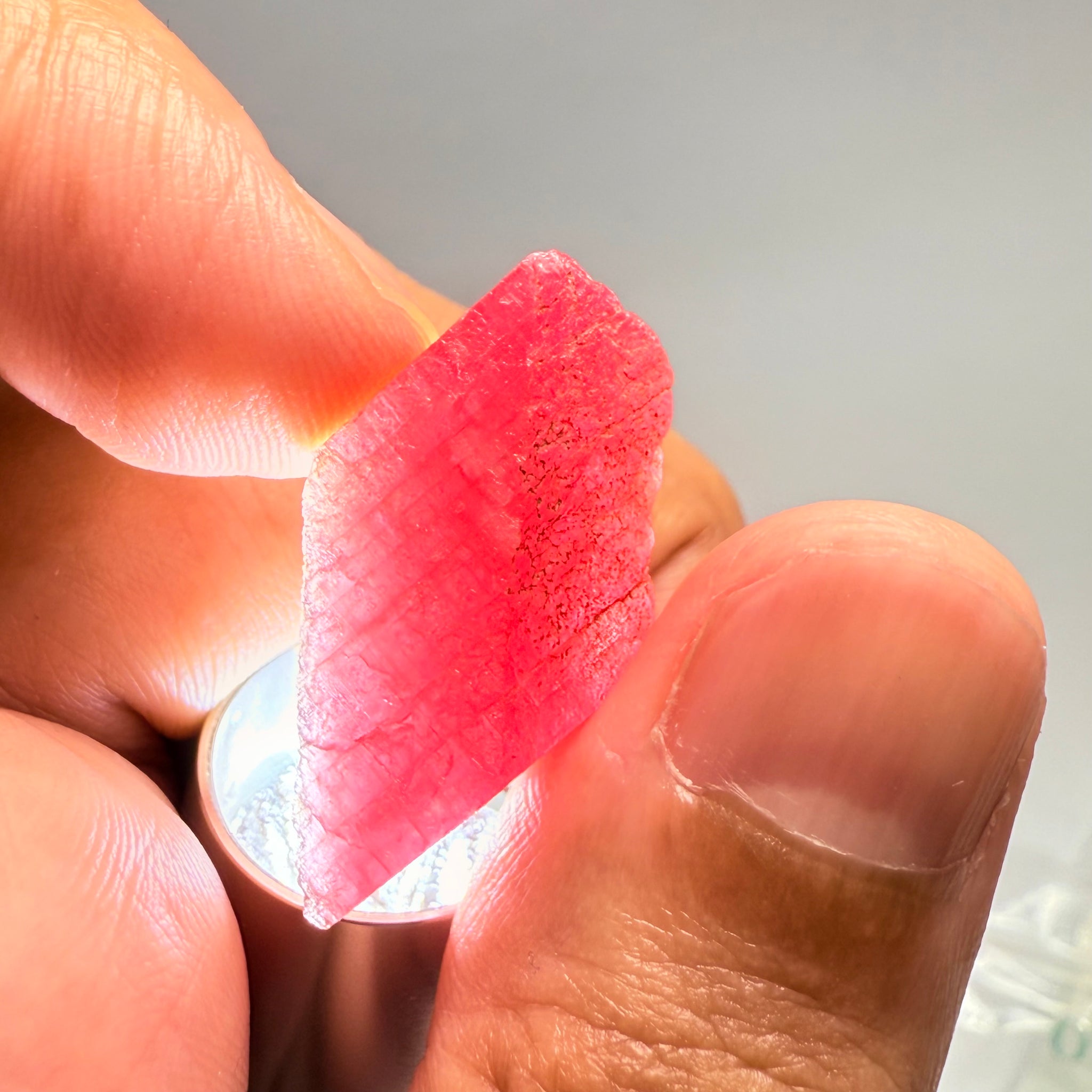 Ruby Crystal, Untreated Unheated, Tanzania, cleavage plane, formed like this, a dab of oil will remove the white dryness on the skin, Translucent, 32.68ct