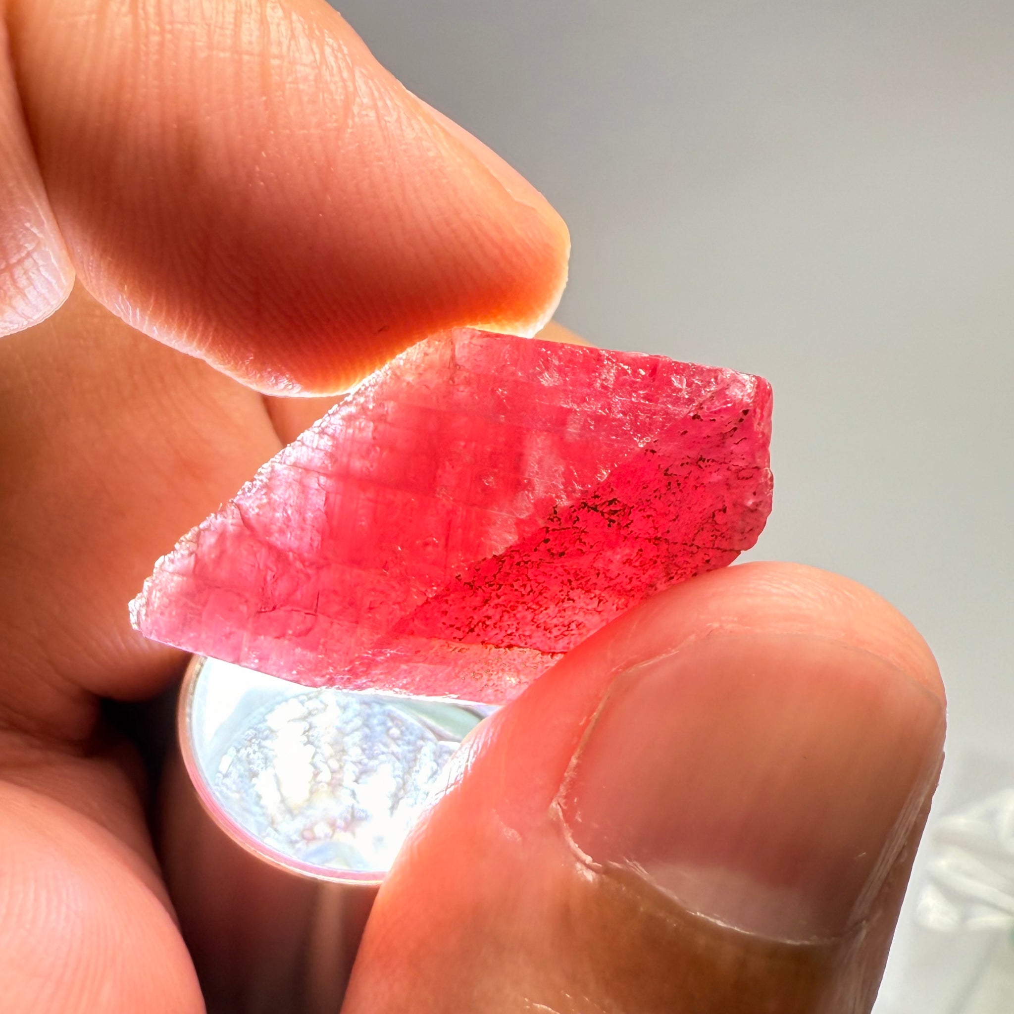 Ruby Crystal, Untreated Unheated, Tanzania, cleavage plane, formed like this, a dab of oil will remove the white dryness on the skin, Translucent, 32.68ct