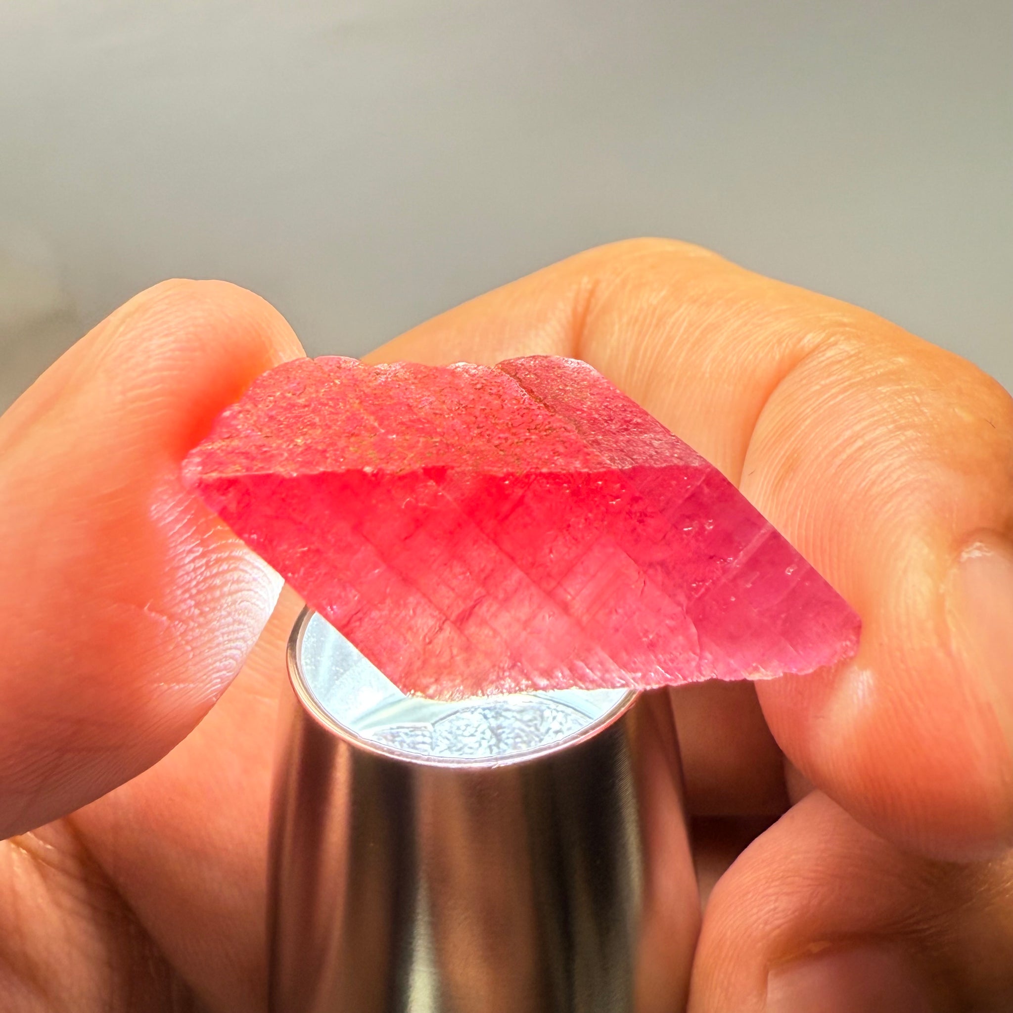 Ruby Crystal, Untreated Unheated, Tanzania, cleavage plane, formed like this, a dab of oil will remove the white dryness on the skin, Translucent, 32.68ct