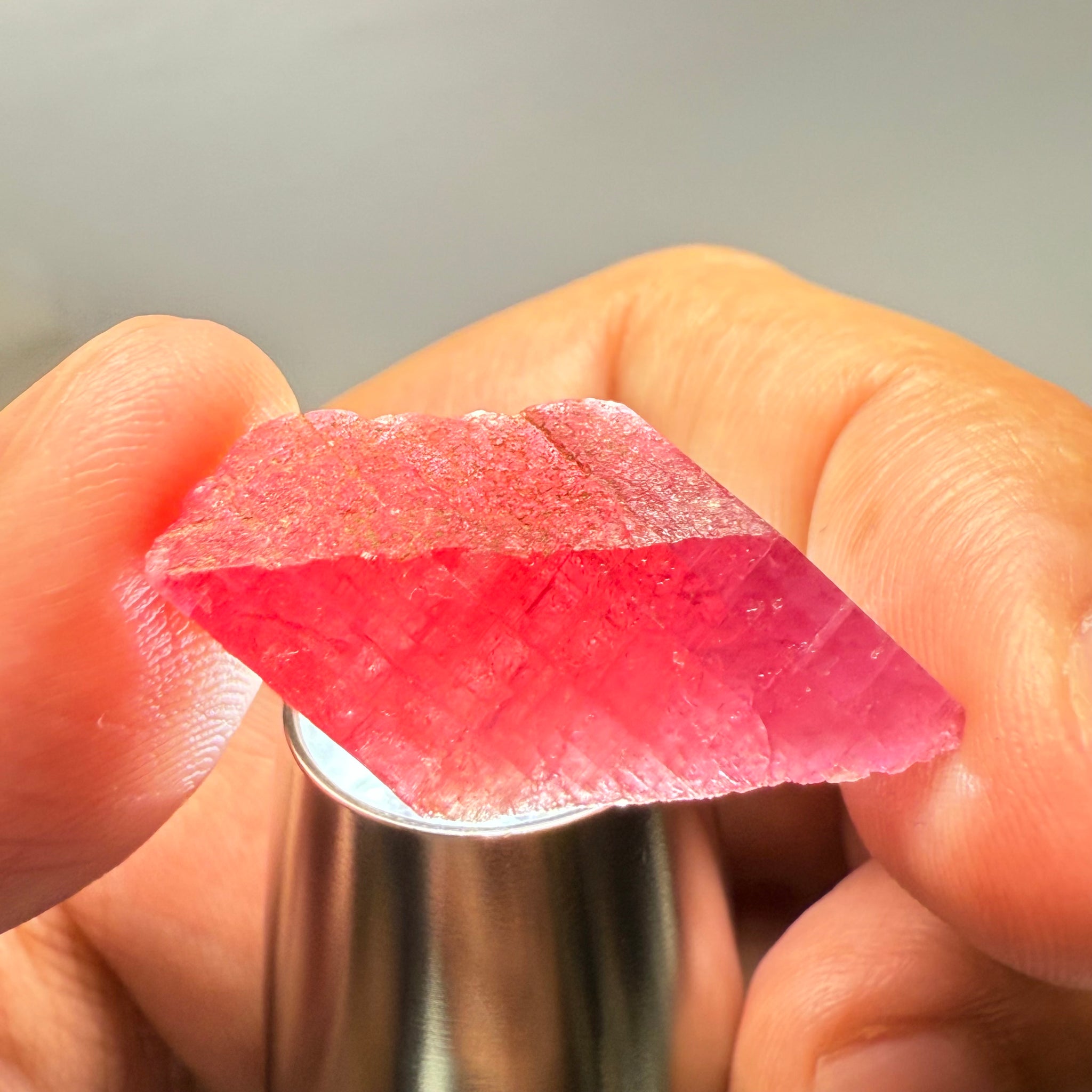 Ruby Crystal, Untreated Unheated, Tanzania, cleavage plane, formed like this, a dab of oil will remove the white dryness on the skin, Translucent, 32.68ct