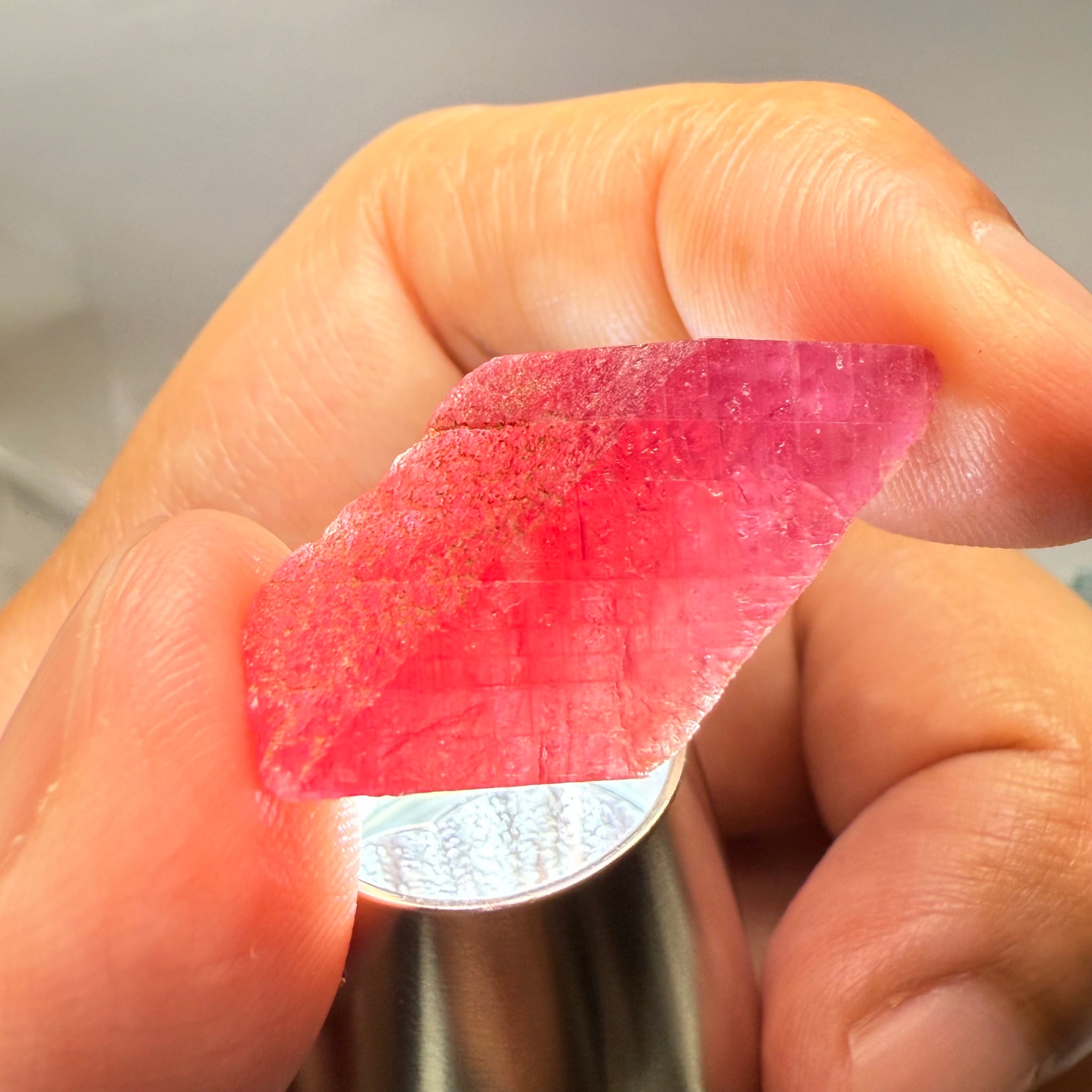 Ruby Crystal, Untreated Unheated, Tanzania, cleavage plane, formed like this, a dab of oil will remove the white dryness on the skin, Translucent, 32.68ct