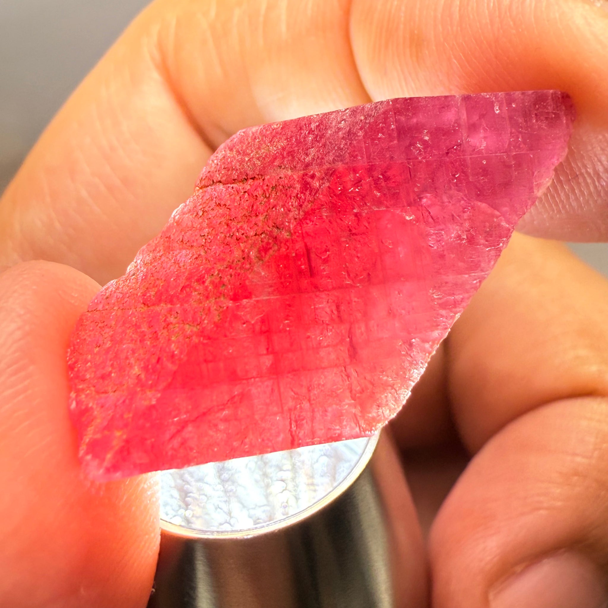 Ruby Crystal, Untreated Unheated, Tanzania, cleavage plane, formed like this, a dab of oil will remove the white dryness on the skin, Translucent, 32.68ct