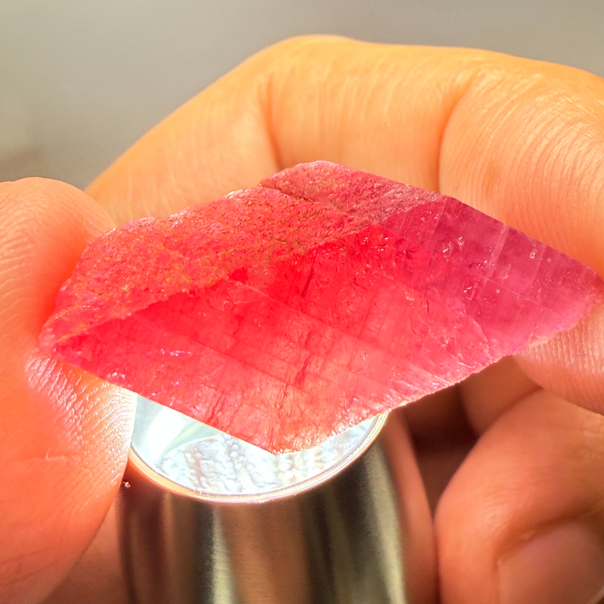 Ruby Crystal, Untreated Unheated, Tanzania, cleavage plane, formed like this, a dab of oil will remove the white dryness on the skin, Translucent, 32.68ct