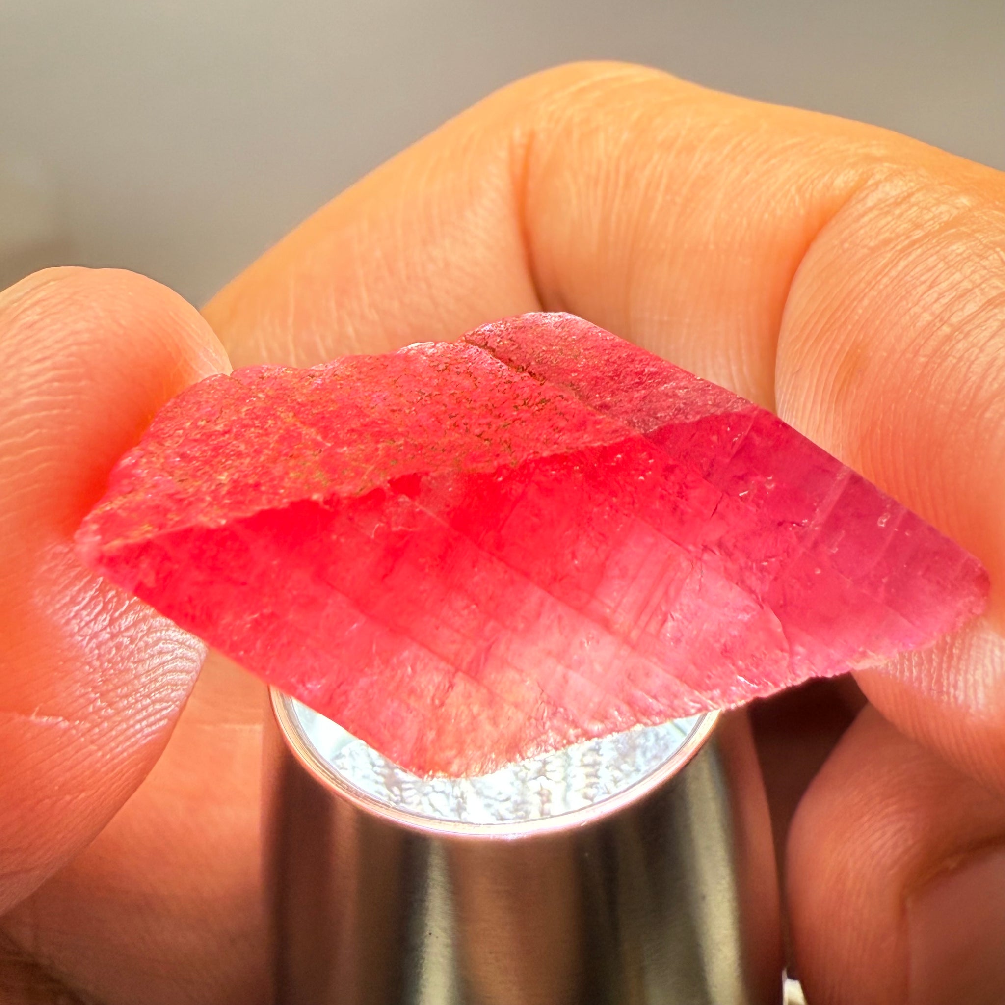 Ruby Crystal, Untreated Unheated, Tanzania, cleavage plane, formed like this, a dab of oil will remove the white dryness on the skin, Translucent, 32.68ct