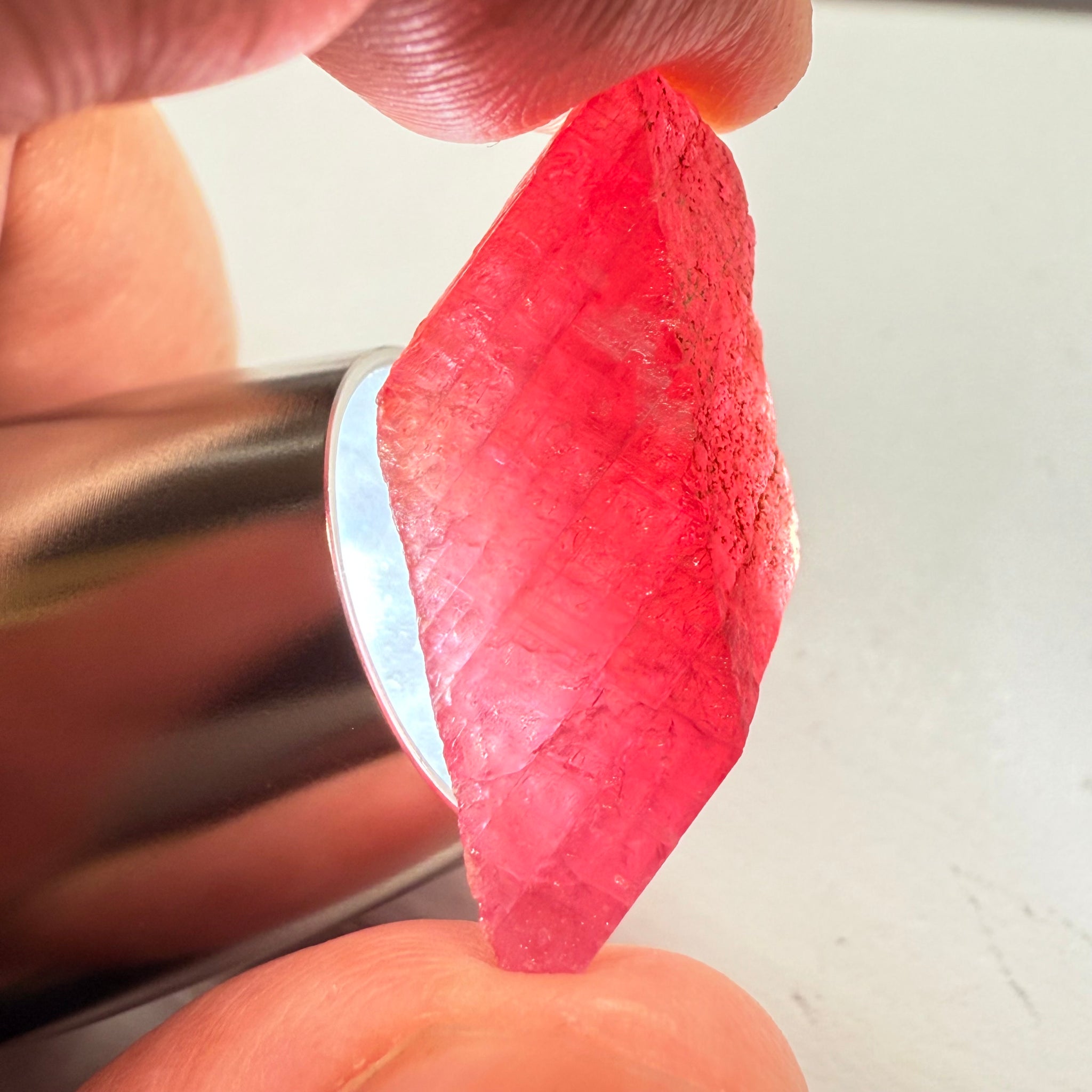 Ruby Crystal, Untreated Unheated, Tanzania, cleavage plane, formed like this, a dab of oil will remove the white dryness on the skin, Translucent, 32.68ct
