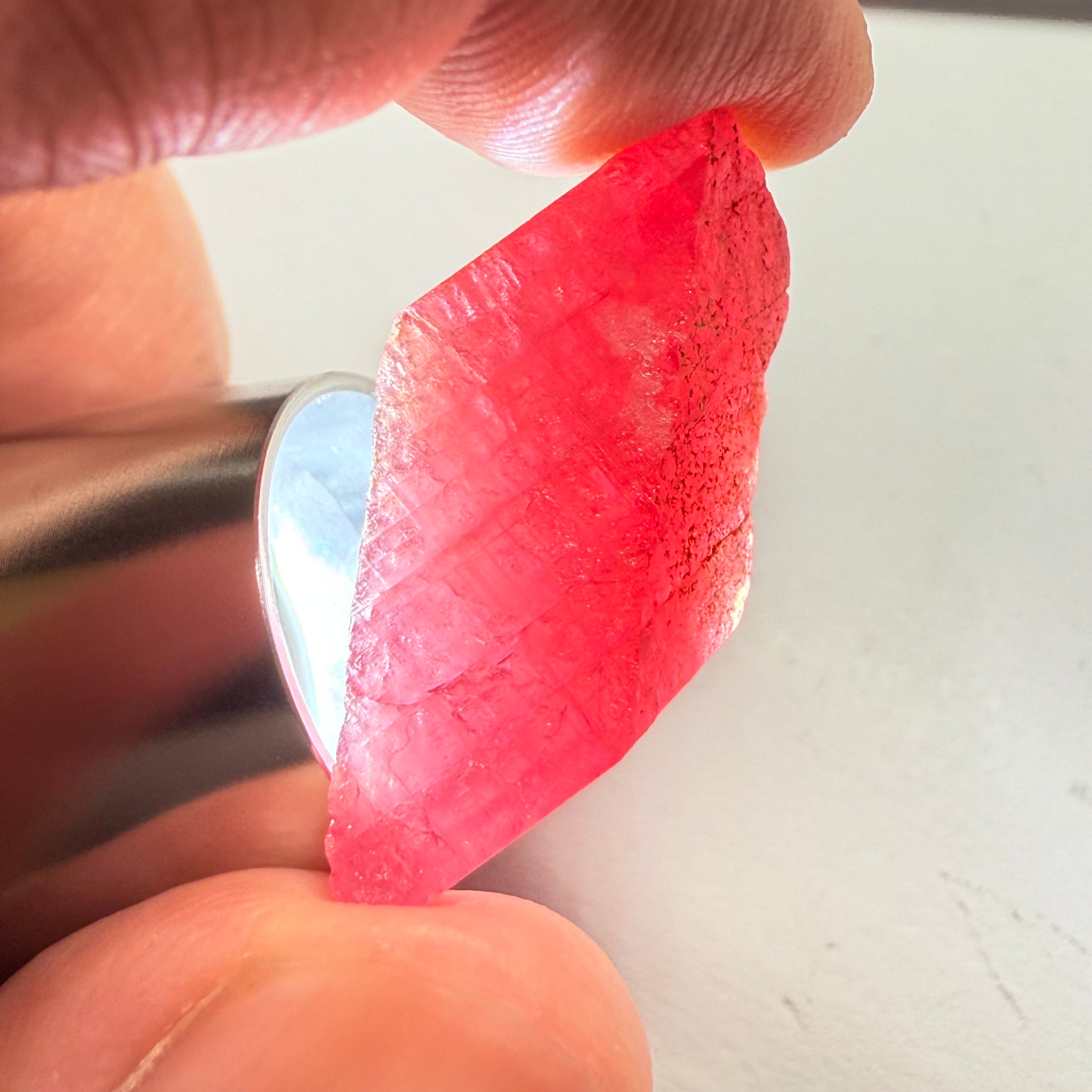 Ruby Crystal, Untreated Unheated, Tanzania, cleavage plane, formed like this, a dab of oil will remove the white dryness on the skin, Translucent, 32.68ct