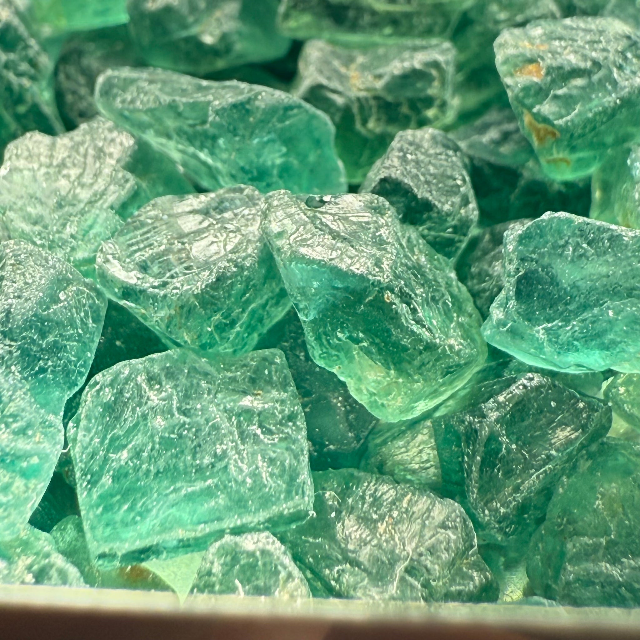 Neon Vivid Blue Green Apatite, Tanzania, Untreated Unheated. SINGLES price is per piece, cabbing, faceting and specimen grade mix, average size 1.8ct sold on a blind pour, see closeups