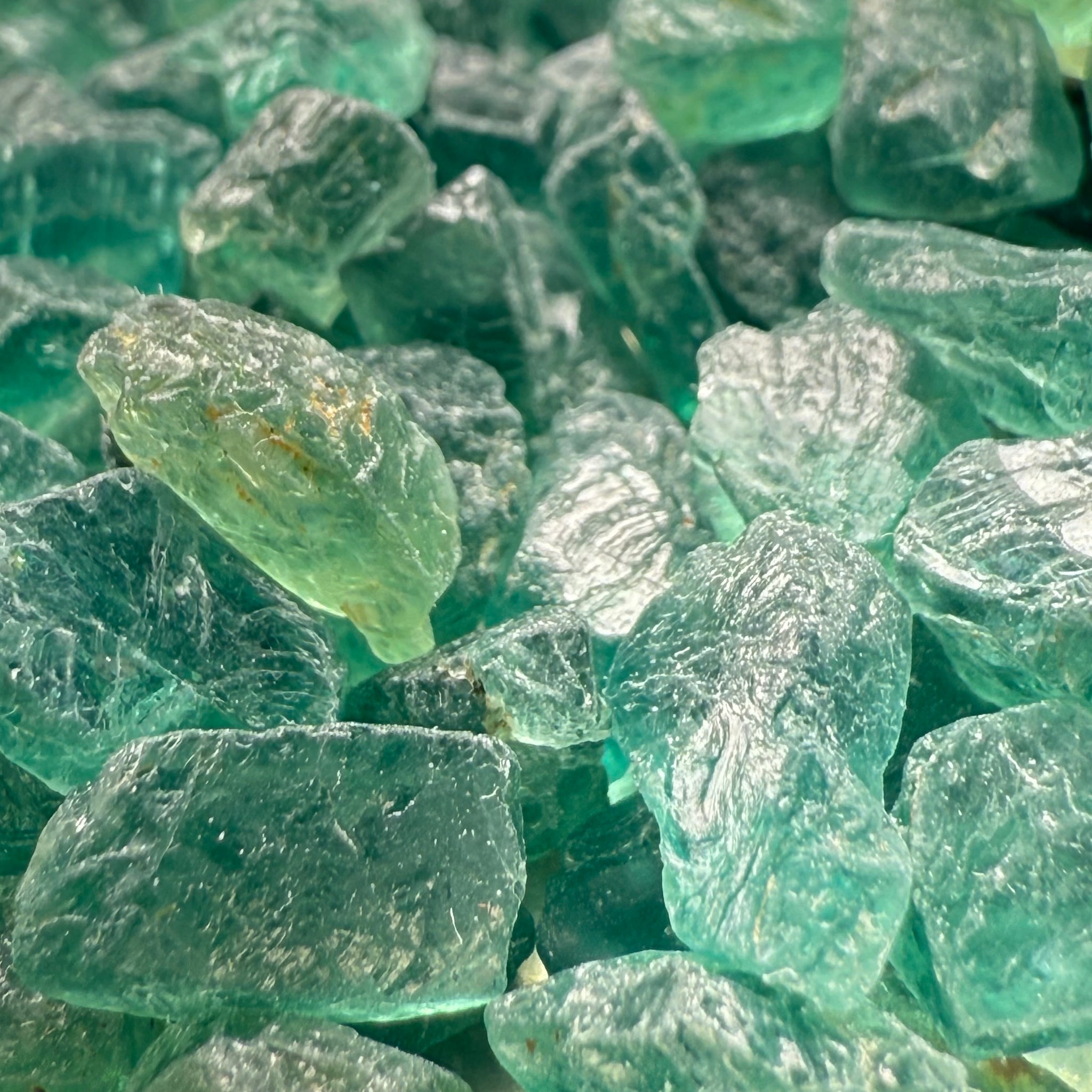 Neon Vivid Blue Green Apatite, Tanzania, Untreated Unheated. SINGLES price is per piece, cabbing, faceting and specimen grade mix, average size 1.8ct sold on a blind pour, see closeups