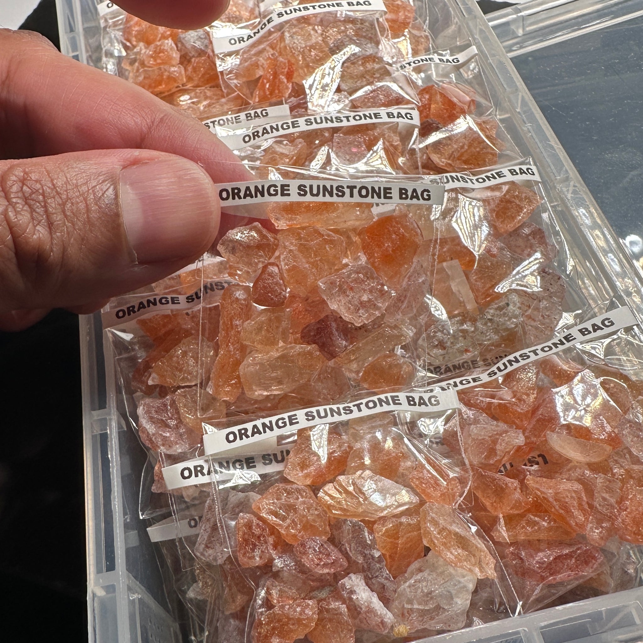 Orange Sunstone Bag, Tanzania, faceting, cabbing and specimen grade