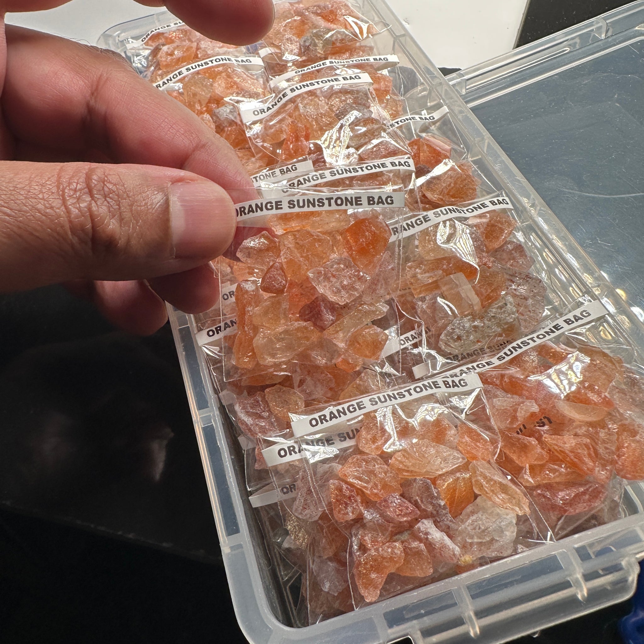 Orange Sunstone Bag, Tanzania, faceting, cabbing and specimen grade