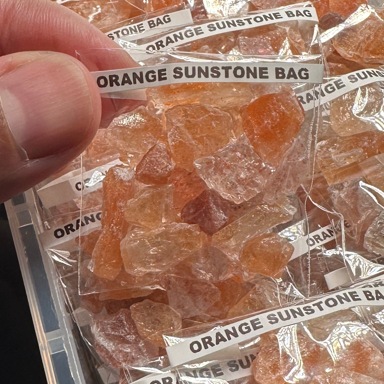 Orange Sunstone Bag, Tanzania, faceting, cabbing and specimen grade