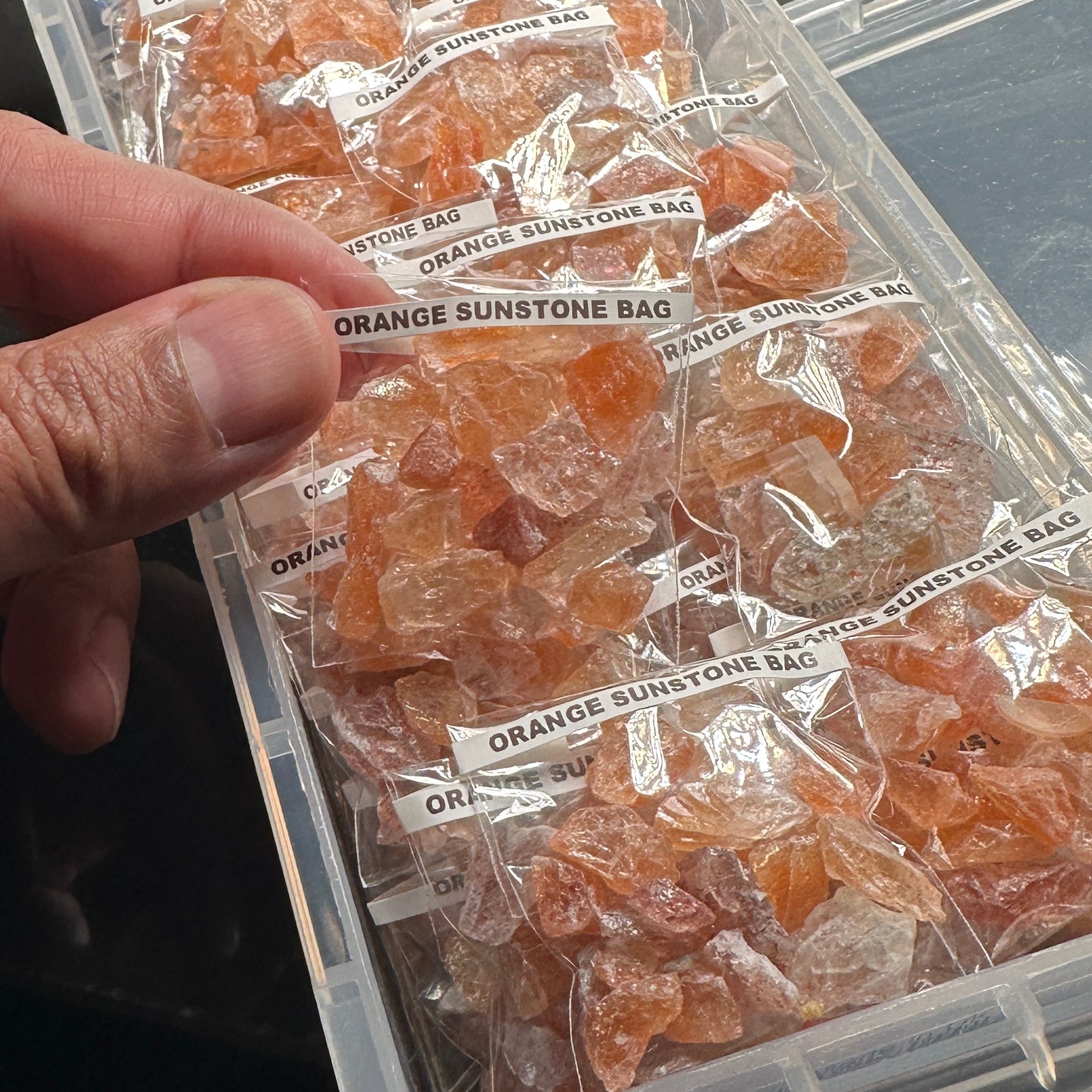 Orange Sunstone Bag, Tanzania, faceting, cabbing and specimen grade