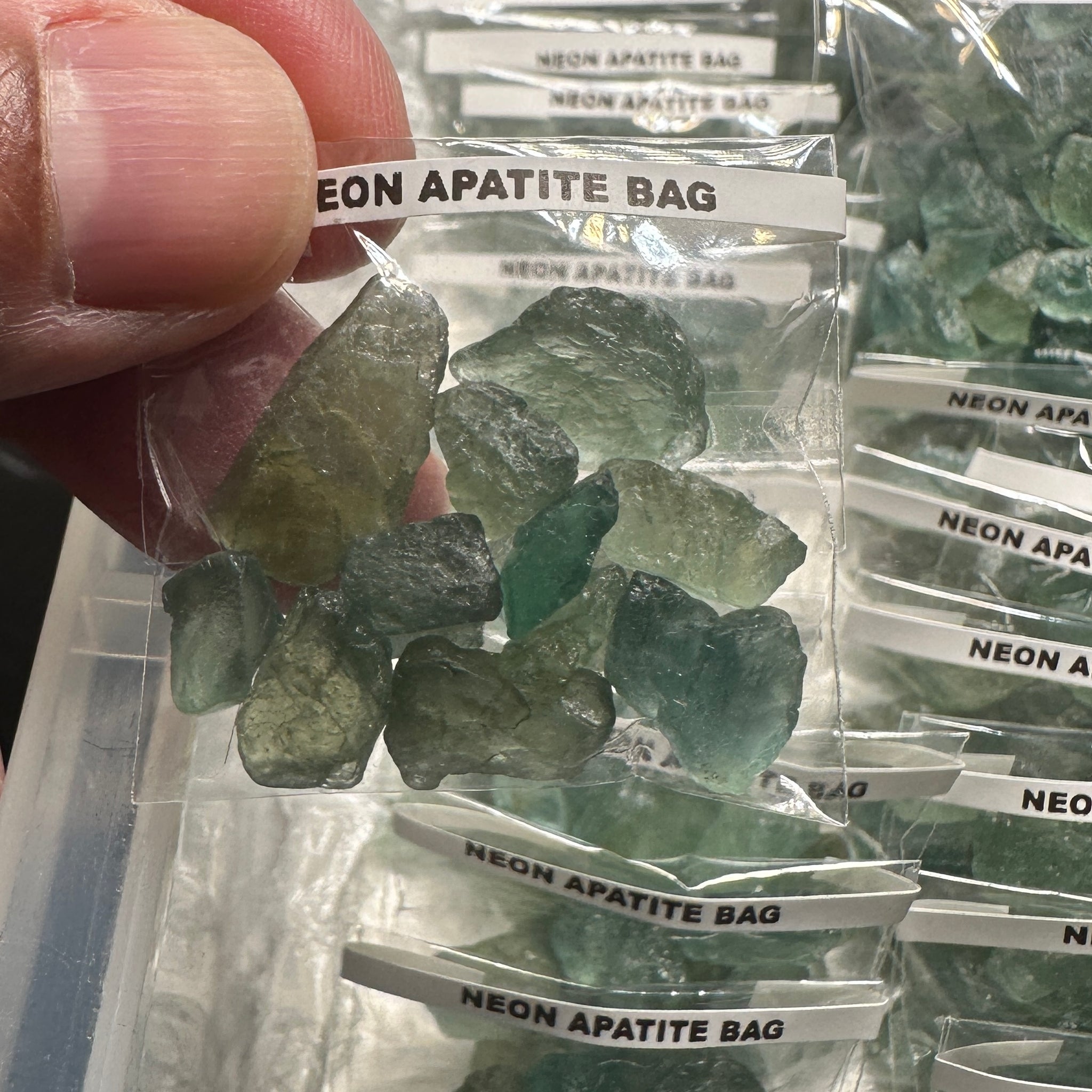 Neon Apatite Bag, Tanzania, specimen / cabbing grade, some faceting grade rough