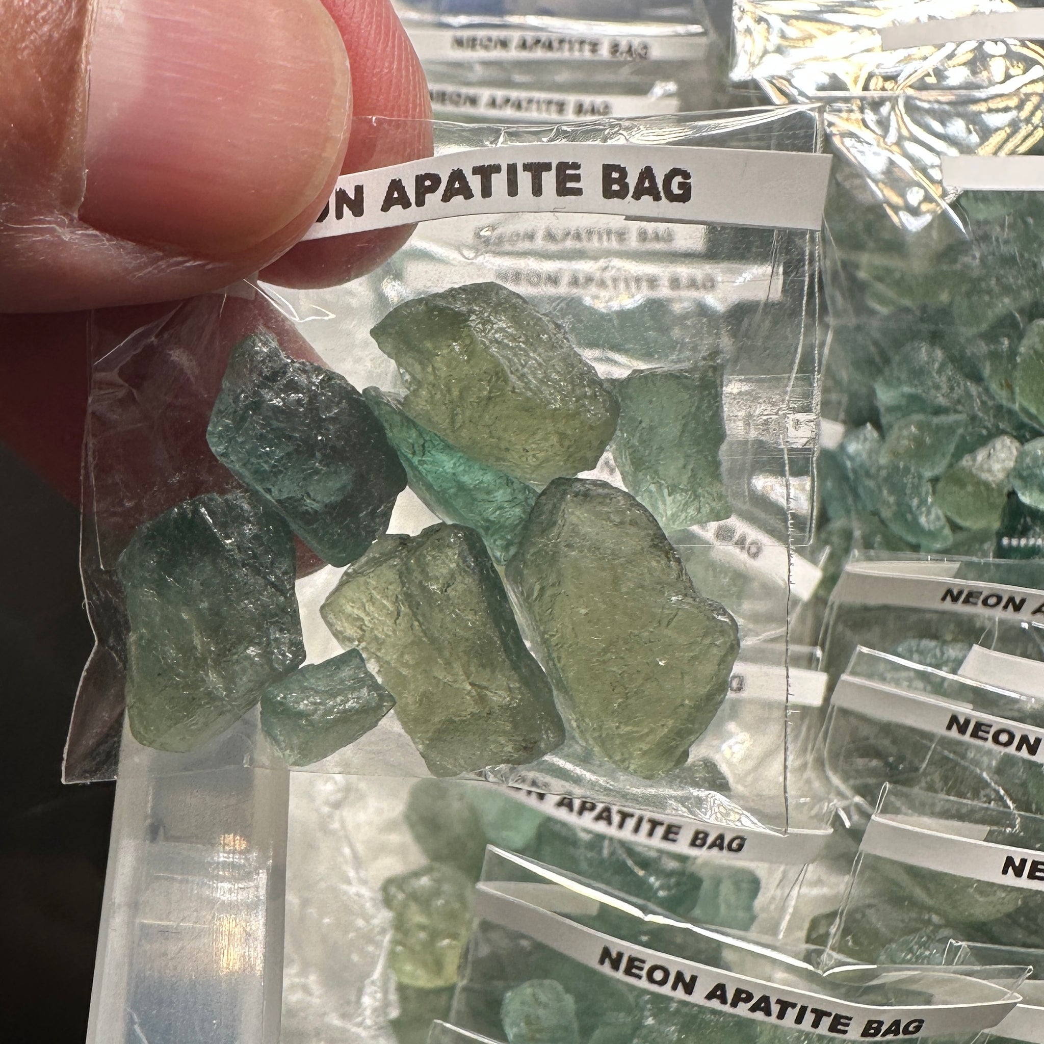 Neon Apatite Bag, Tanzania, specimen / cabbing grade, some faceting grade rough