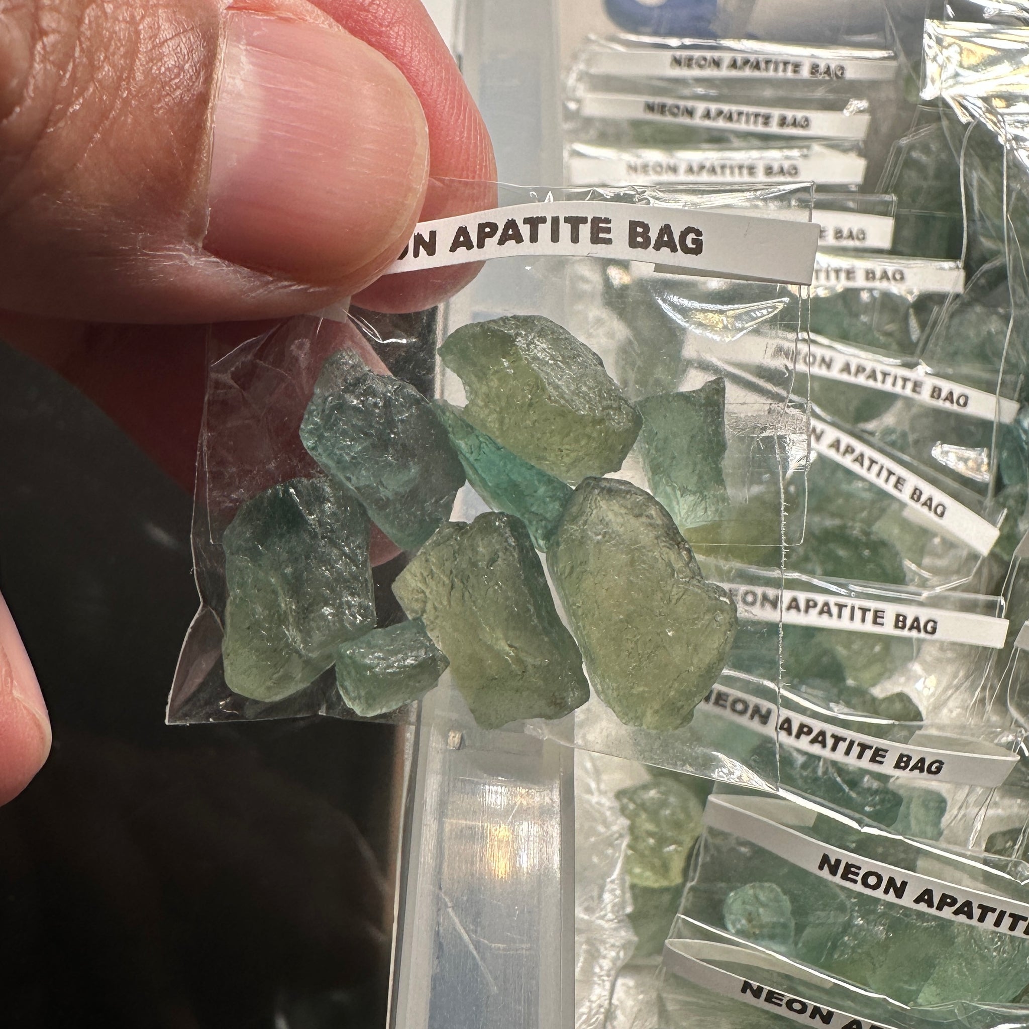 Neon Apatite Bag, Tanzania, specimen / cabbing grade, some faceting grade rough