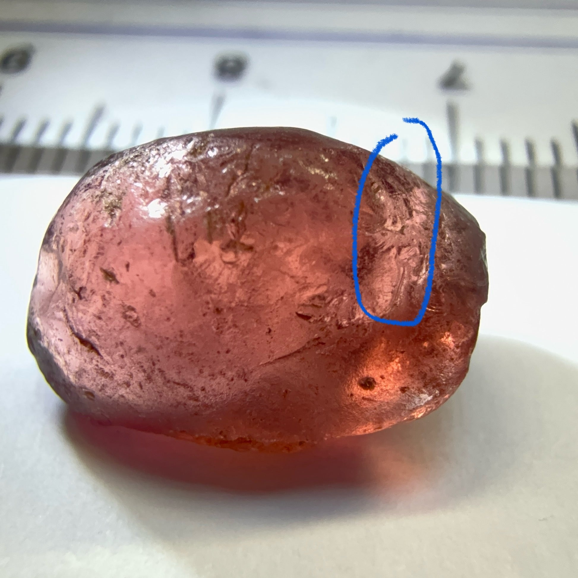 Tanzanian Garnet, 8.37ct, tiny crack on the outside with a little silk around it (the crack is circled in one of the pictures), rest vvs, Tanzania, Untreated Unheated