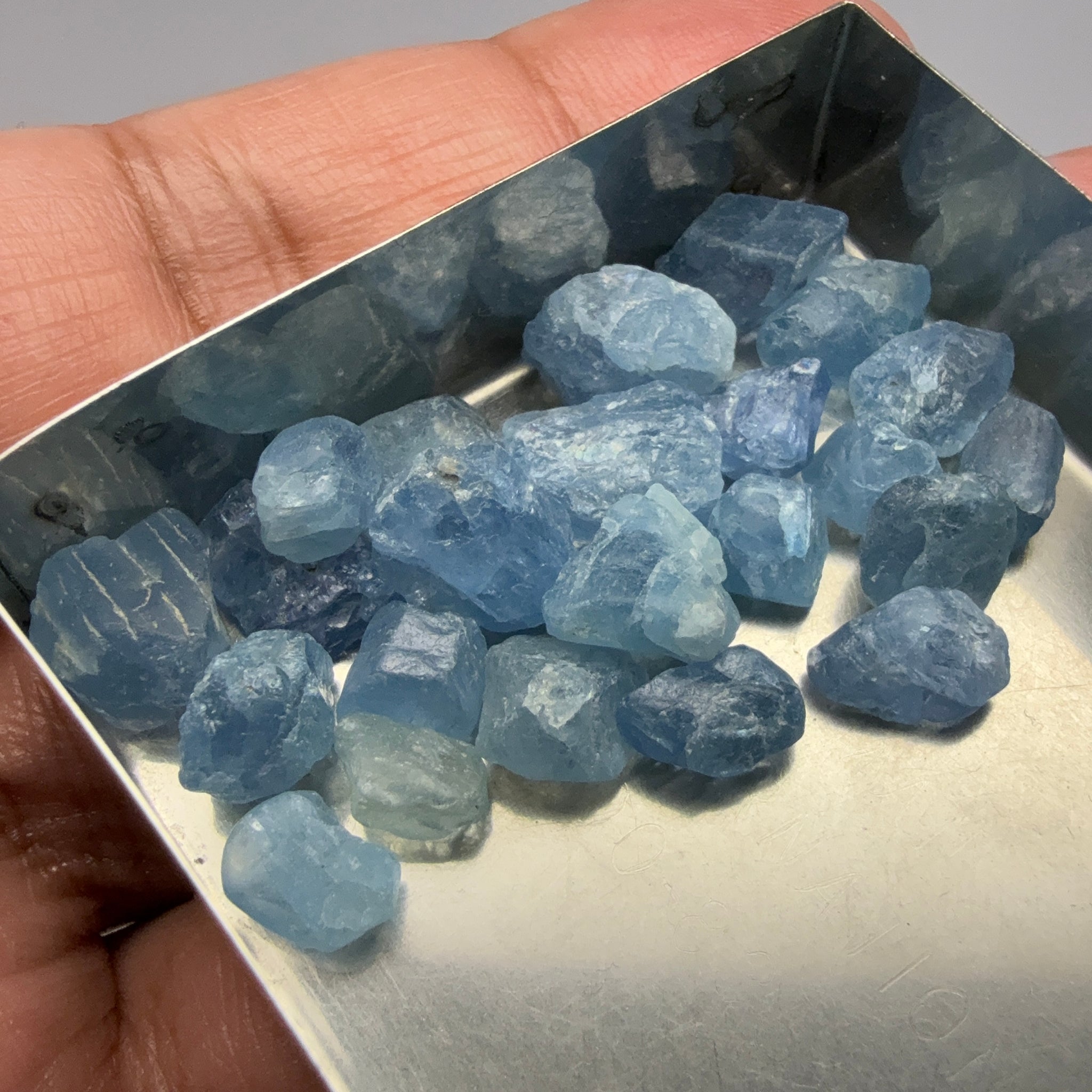 Blue Apatite Crystals from Merelani, Tanzania, Untreated Unheated. SINGLES price is per piece sold on a blind pour basis, specimen grade
