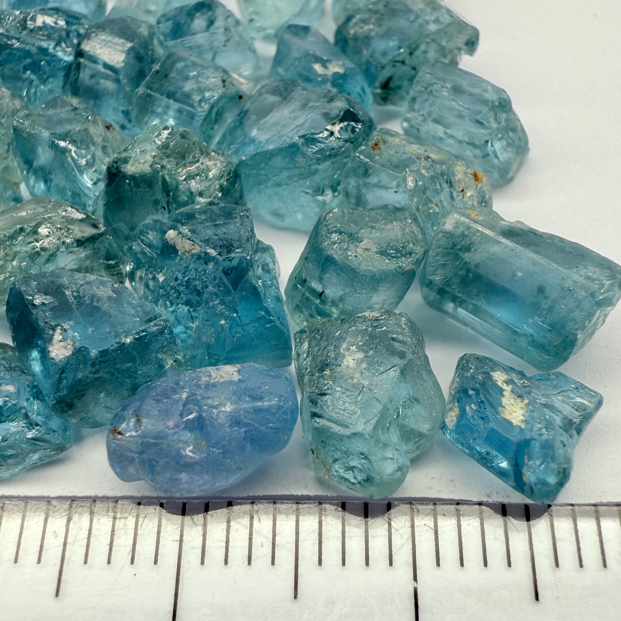 Blue Apatite Crystals from Merelani, Tanzania, Untreated Unheated. SINGLES price is per piece sold on a blind pour basis, av. 1.45ct