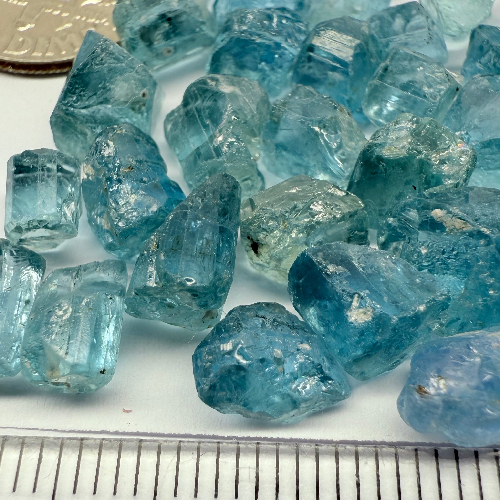 Blue Apatite Crystals from Merelani, Tanzania, Untreated Unheated. SINGLES price is per piece sold on a blind pour basis, av. 1.45ct