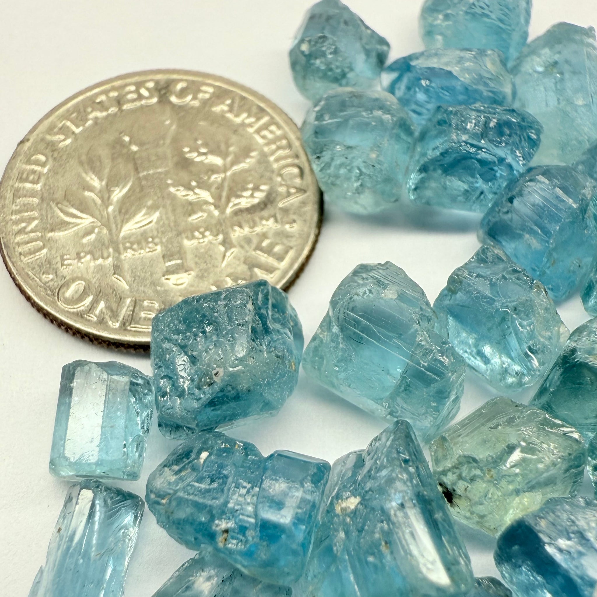 Blue Apatite Crystals from Merelani, Tanzania, Untreated Unheated. SINGLES price is per piece sold on a blind pour basis, av. 1.45ct