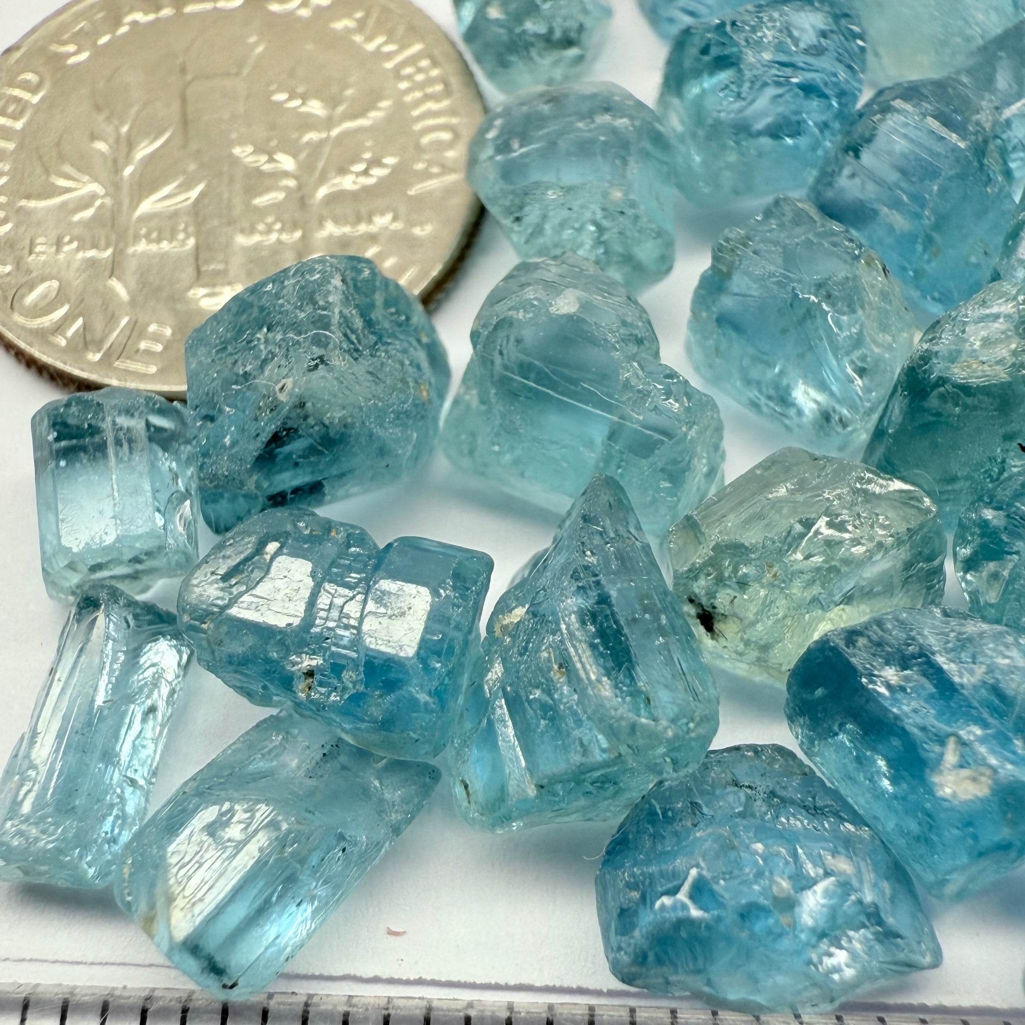Blue Apatite Crystals from Merelani, Tanzania, Untreated Unheated. SINGLES price is per piece sold on a blind pour basis, av. 1.45ct