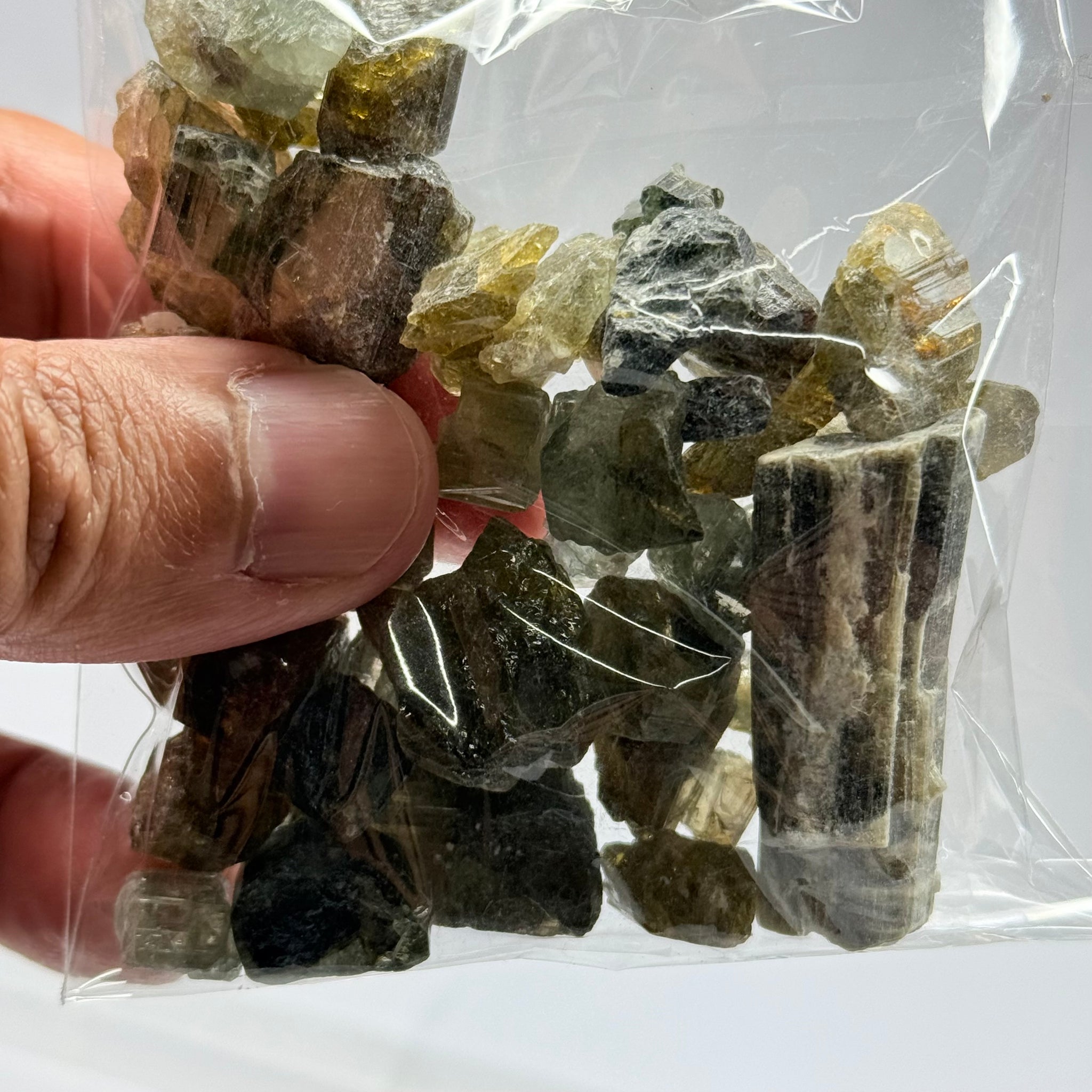 Tourmaline crystals bag, mine run, Mwajanga, Tanzania, Untreated Unheated, specimen and cab grade, or facet with inclusions