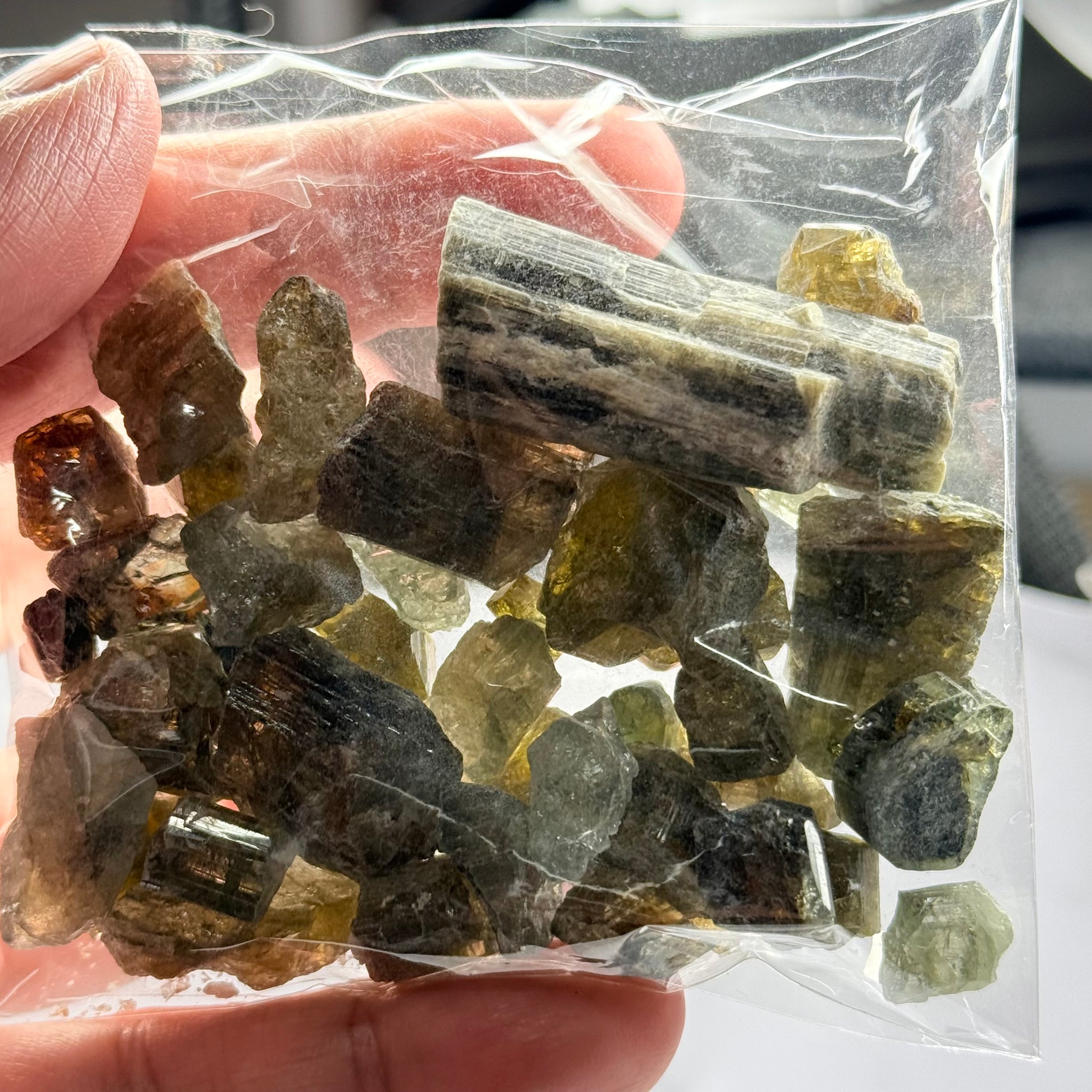 Tourmaline crystals bag, mine run, Mwajanga, Tanzania, Untreated Unheated, specimen and cab grade, or facet with inclusions