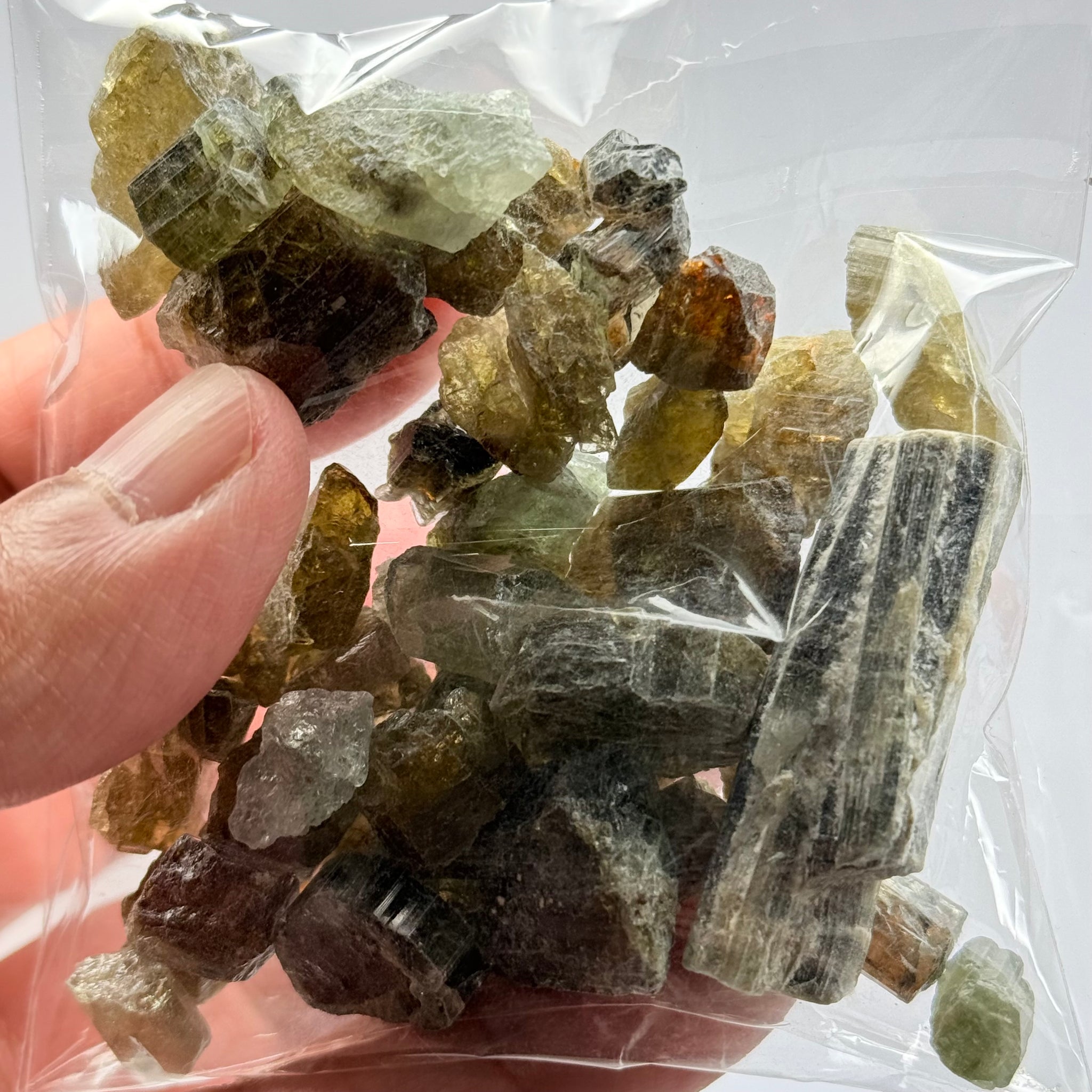 Tourmaline crystals bag, mine run, Mwajanga, Tanzania, Untreated Unheated, specimen and cab grade, or facet with inclusions