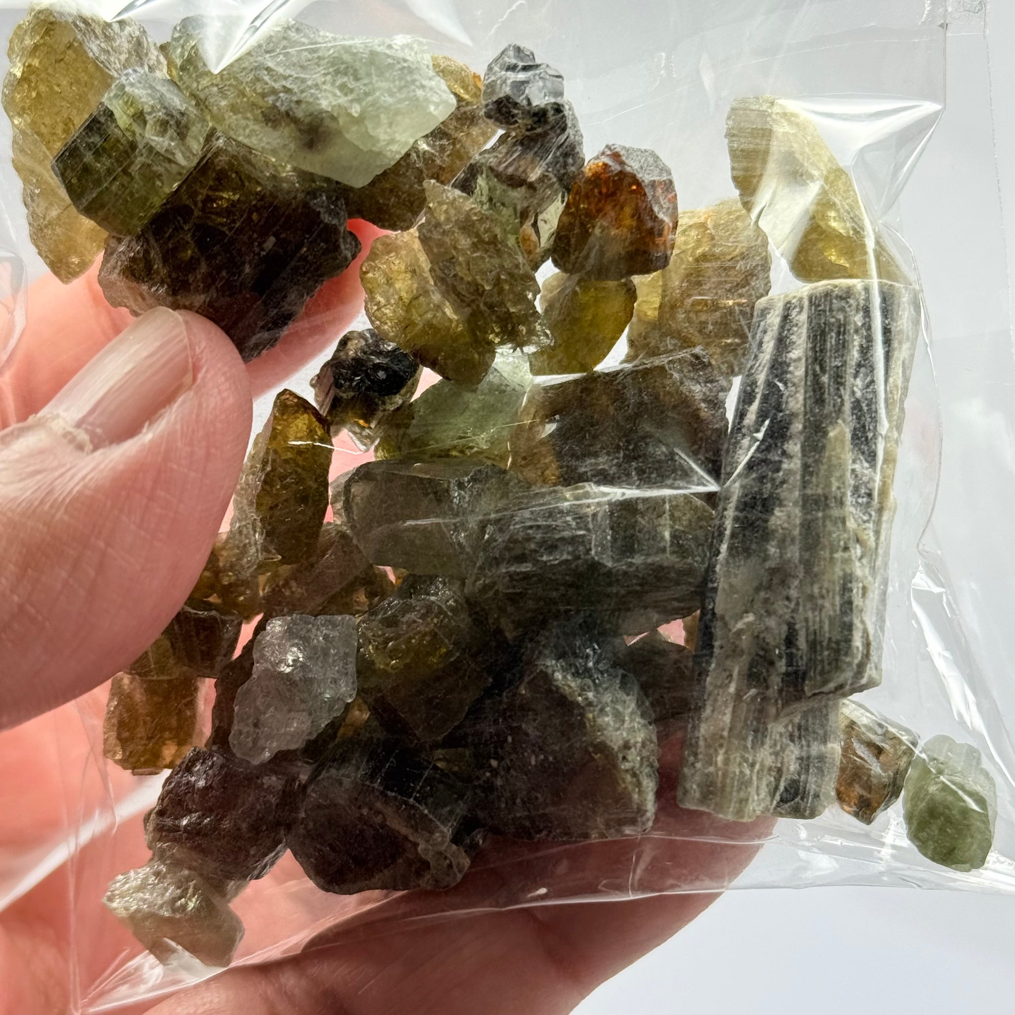 Tourmaline crystals bag, mine run, Mwajanga, Tanzania, Untreated Unheated, specimen and cab grade, or facet with inclusions