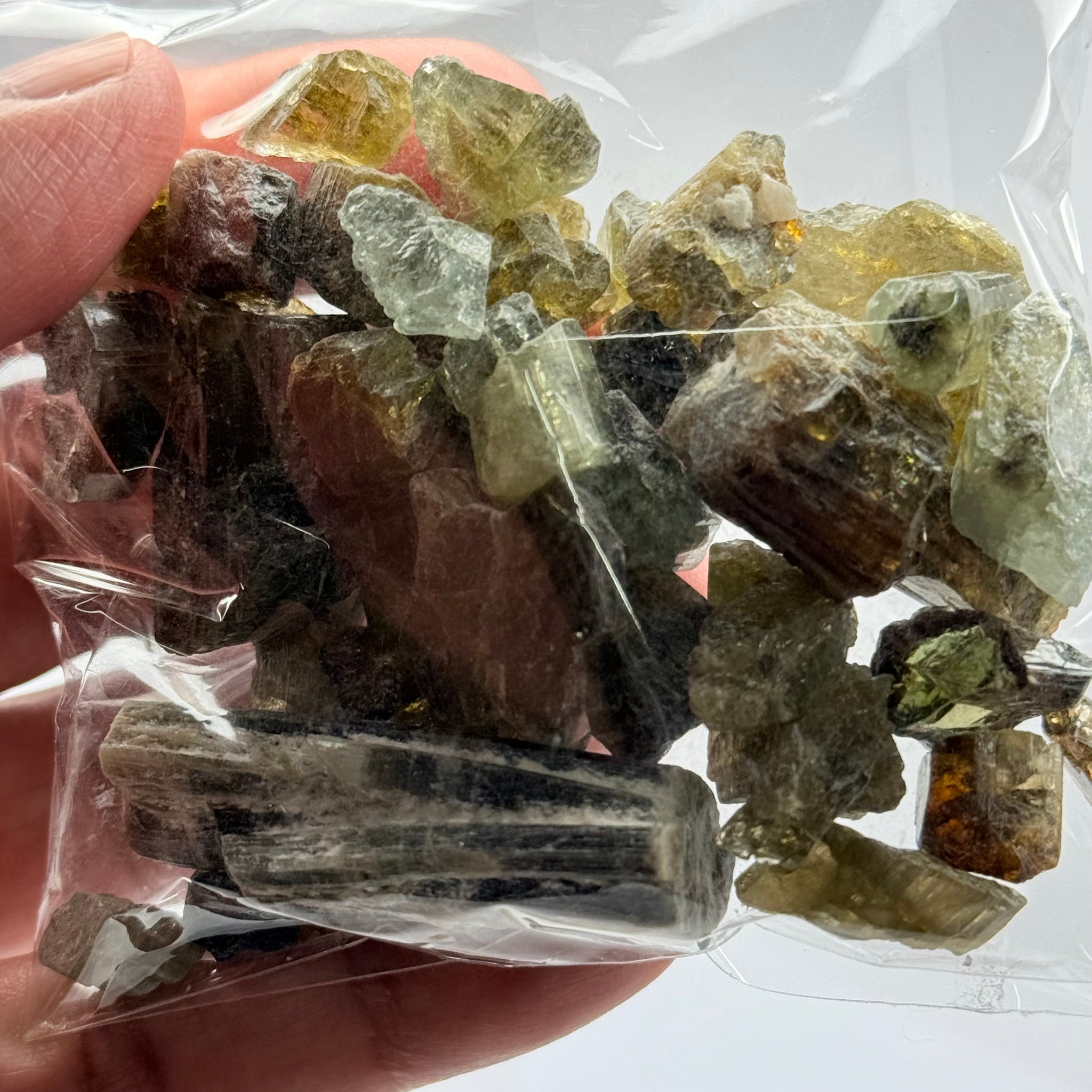 Tourmaline crystals bag, mine run, Mwajanga, Tanzania, Untreated Unheated, specimen and cab grade, or facet with inclusions
