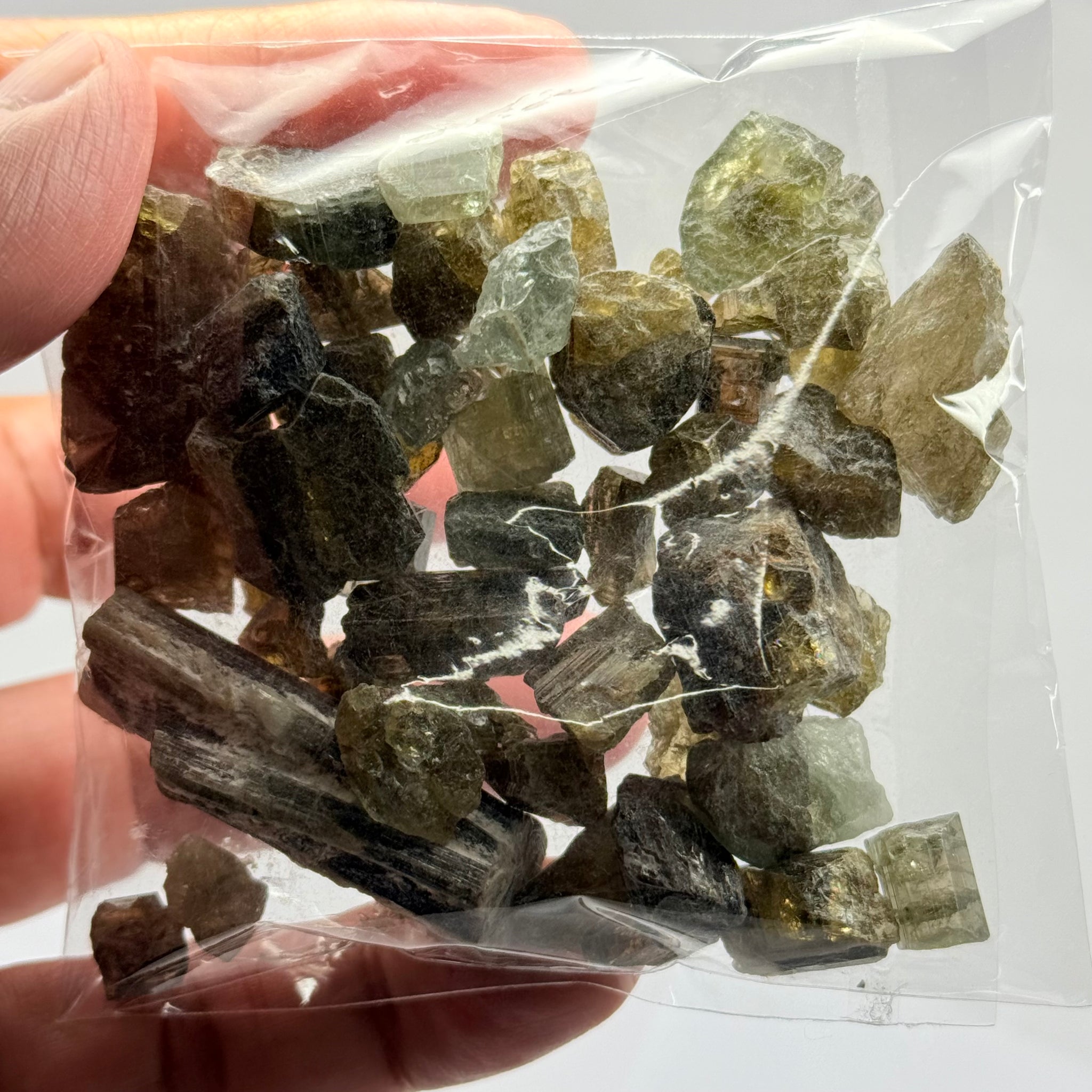 Tourmaline crystals bag, mine run, Mwajanga, Tanzania, Untreated Unheated, specimen and cab grade, or facet with inclusions