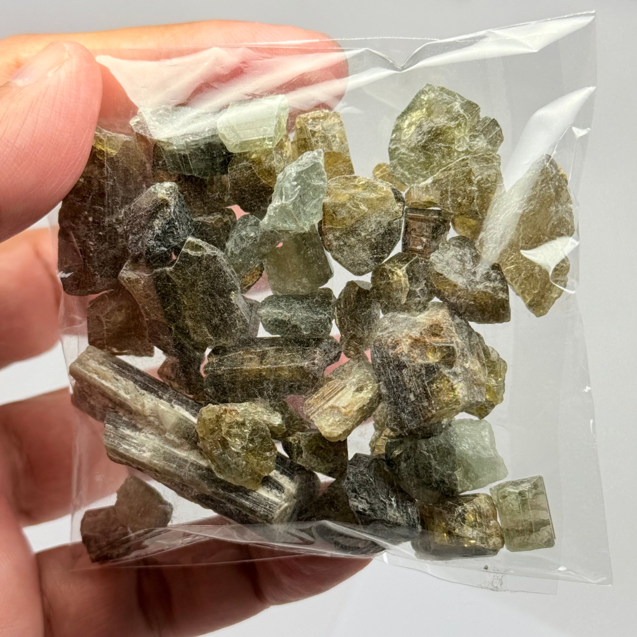 Tourmaline crystals bag, mine run, Mwajanga, Tanzania, Untreated Unheated, specimen and cab grade, or facet with inclusions