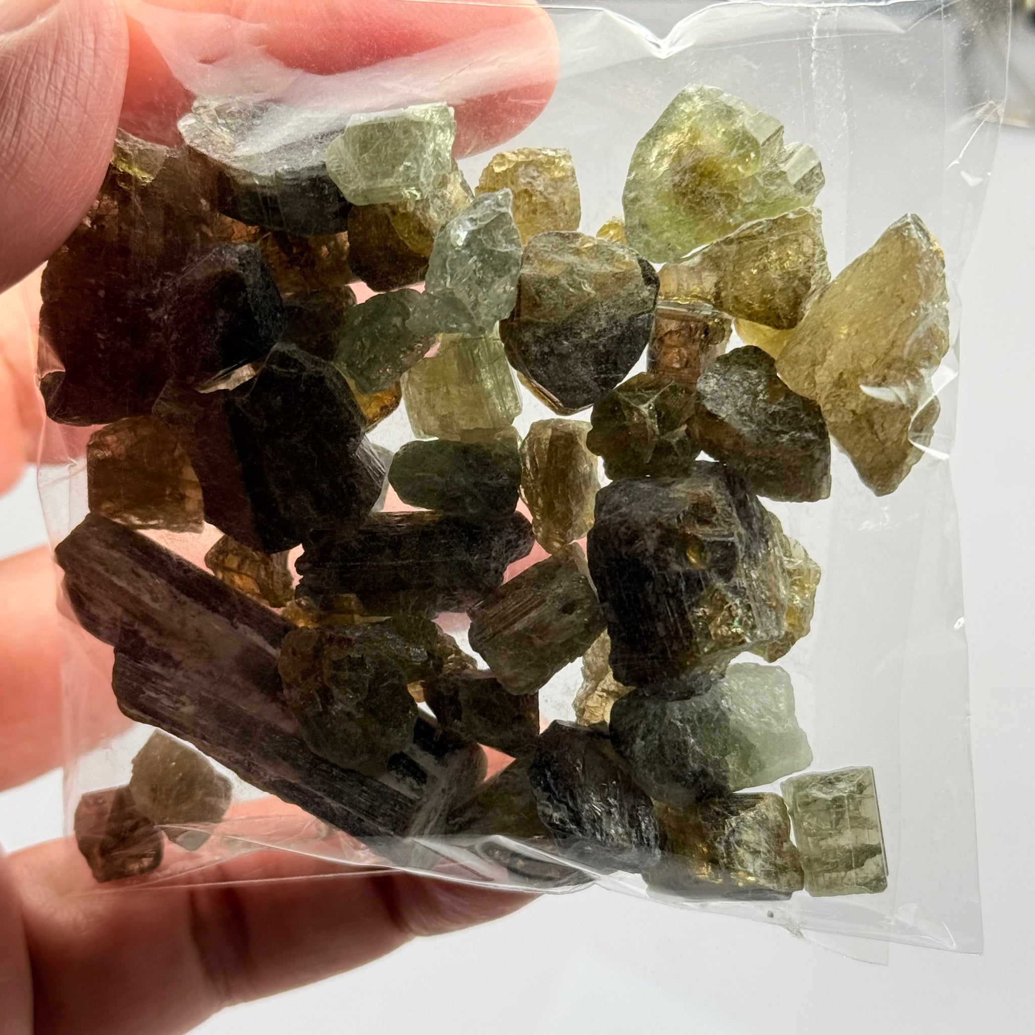 Tourmaline crystals bag, mine run, Mwajanga, Tanzania, Untreated Unheated, specimen and cab grade, or facet with inclusions