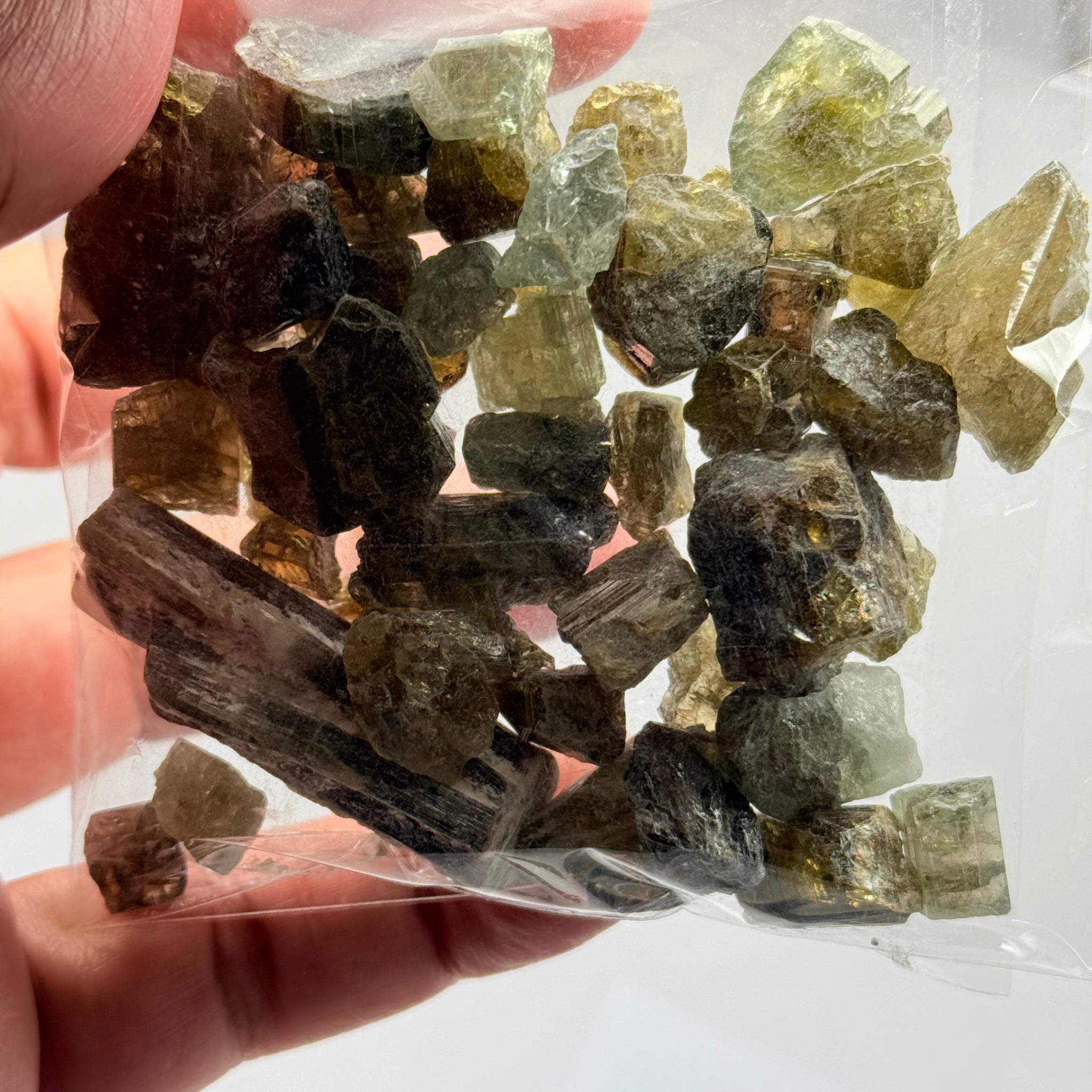 Tourmaline crystals bag, mine run, Mwajanga, Tanzania, Untreated Unheated, specimen and cab grade, or facet with inclusions