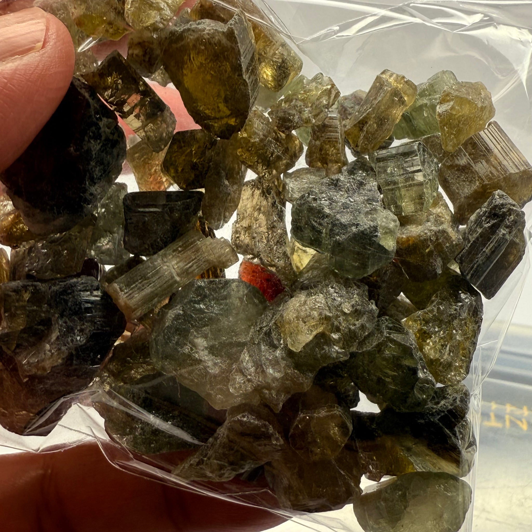 Tourmaline crystals bag, mine run, Mwajanga, Tanzania, Untreated Unheated, specimen and cab grade, or facet with inclusions