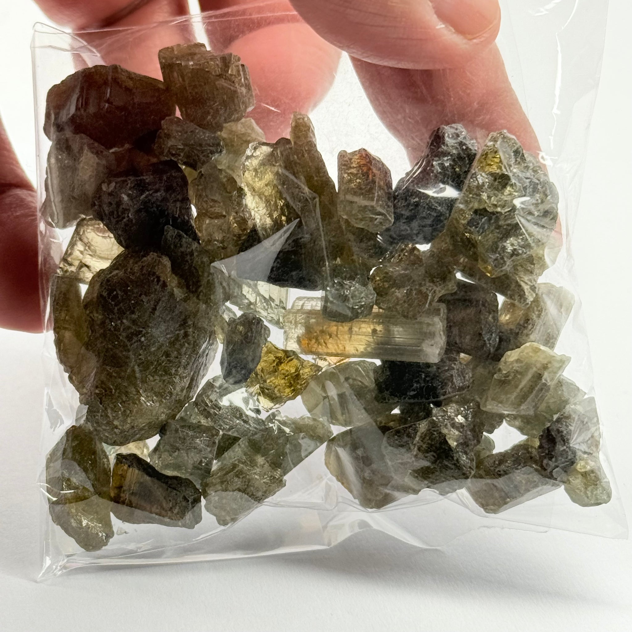 Tourmaline crystals bag, mine run, Mwajanga, Tanzania, Untreated Unheated, specimen and cab grade, or facet with inclusions