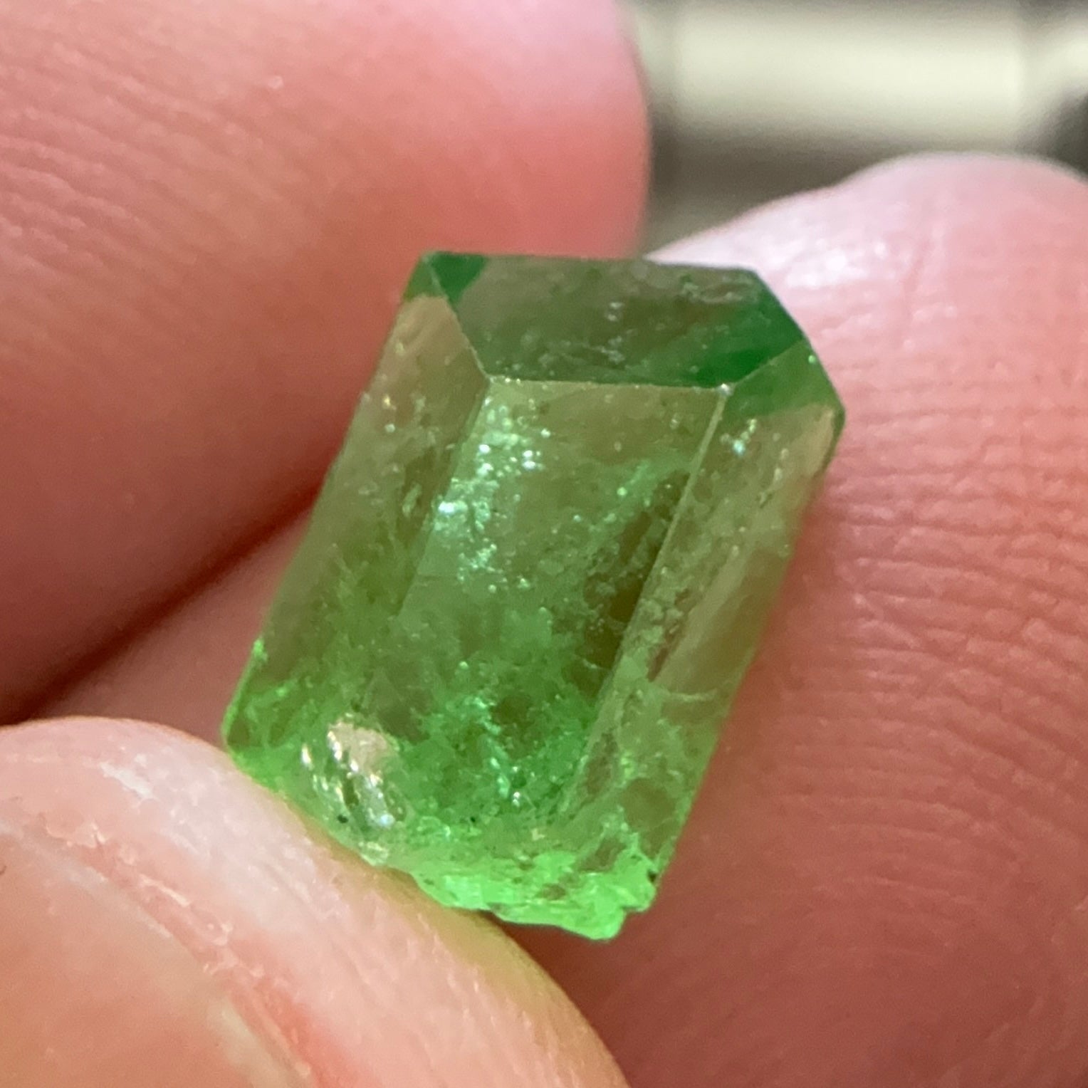 Tsavorite Garnet Crystal, 3.65ct A very unusual Tsavorite crystal from Merelani in Tanzania, Untreated Unheated, see the photos taken in different lights