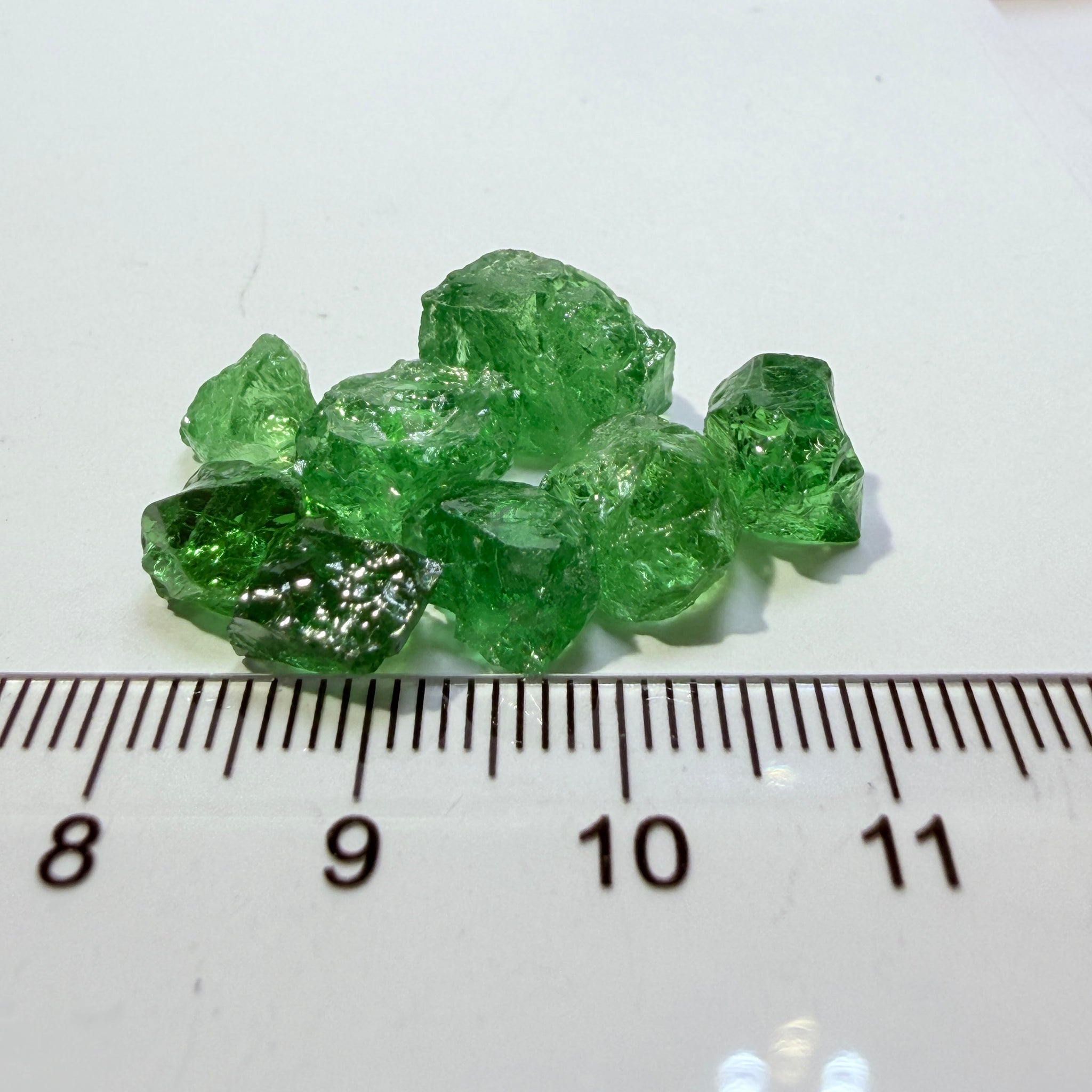 Tsavorite Garnet Lot, 34.64ct, Tanzania, Untreated Unheated, 8pcs, 4.33ct av. cut with veils, some has slight cracks on the outside that need to be removed on pre-form