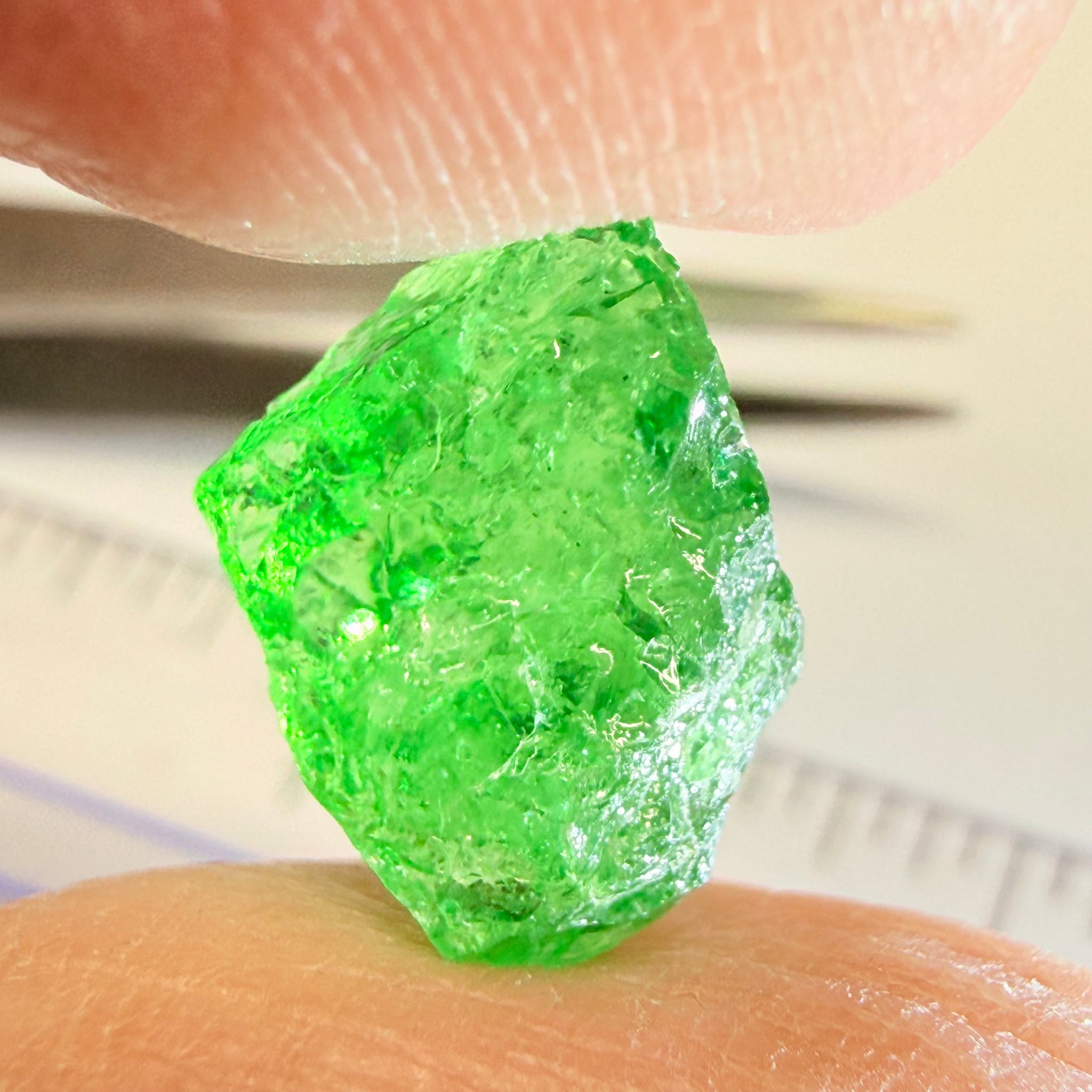 Tsavorite, 8.70ct, Tanzania, Untreated Unheated, slightly veiled, with a dividing crack, I have marked the position of the dividing crack in one of the pics